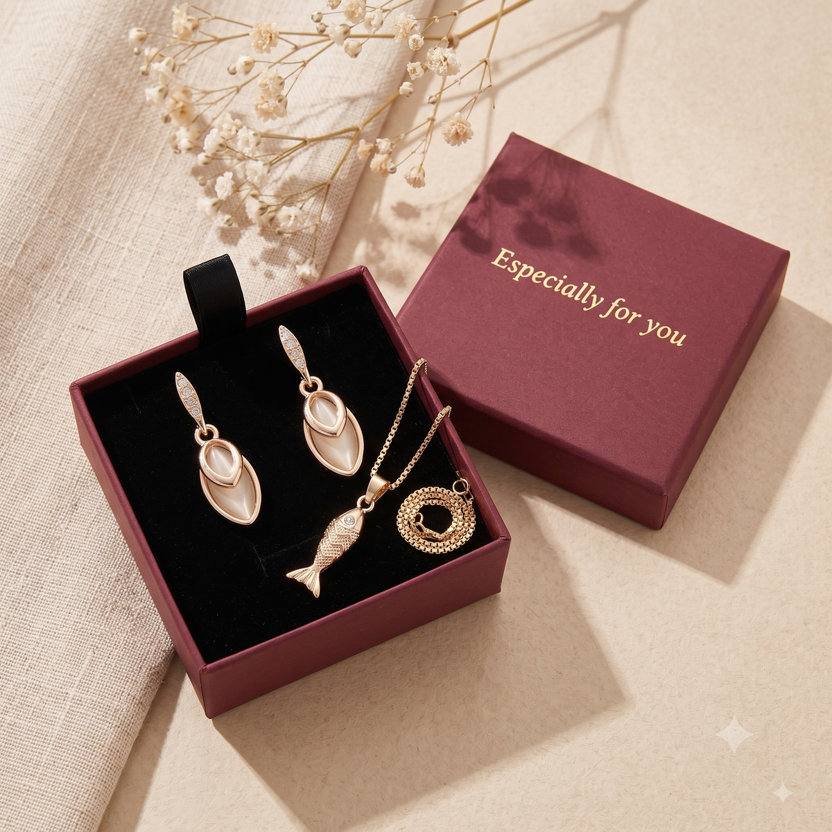 Gold-Plated Opal Style Fish Pendant Necklace and Earrings Jewellery Set