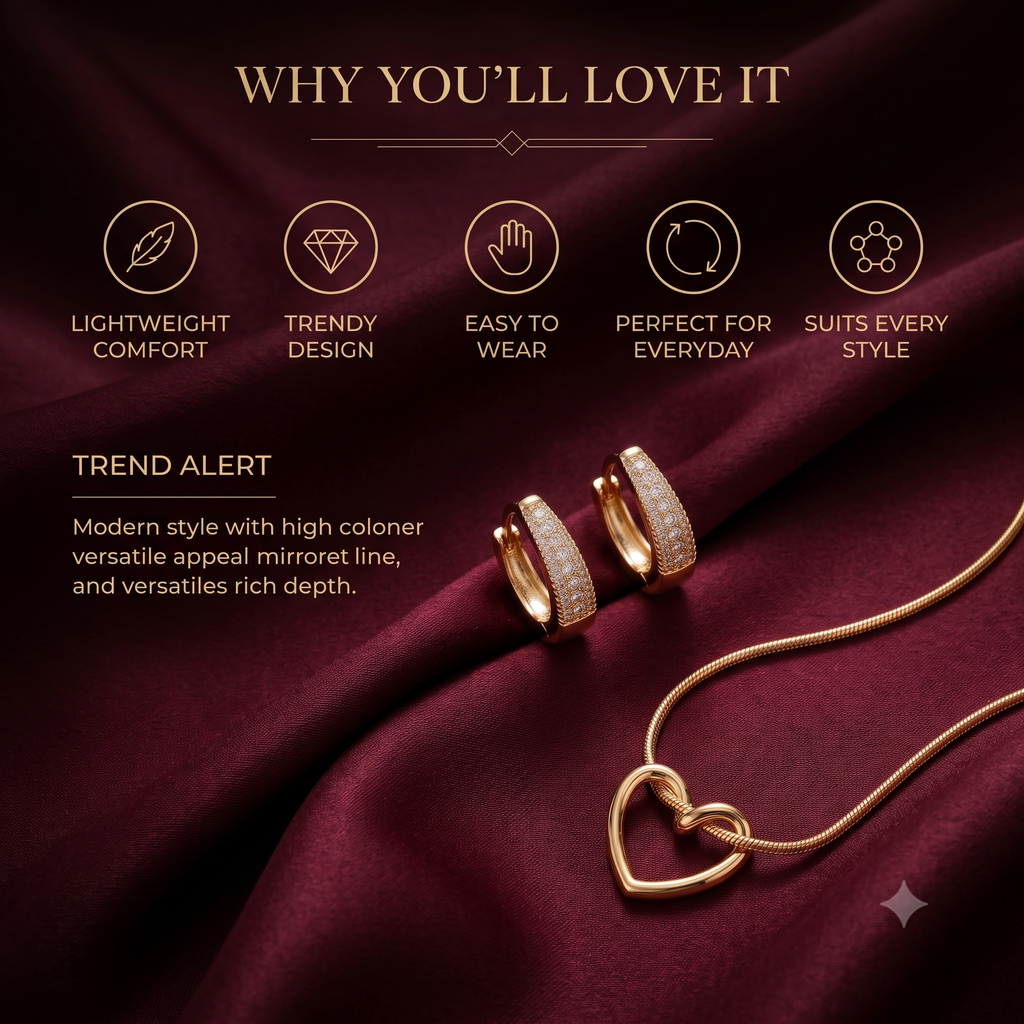 Aurélia 18K Gold Plated Open Heart Pendant Necklace & Pavé CZ Huggie Hoop Earrings Set | Minimalist Everyday Jewelry