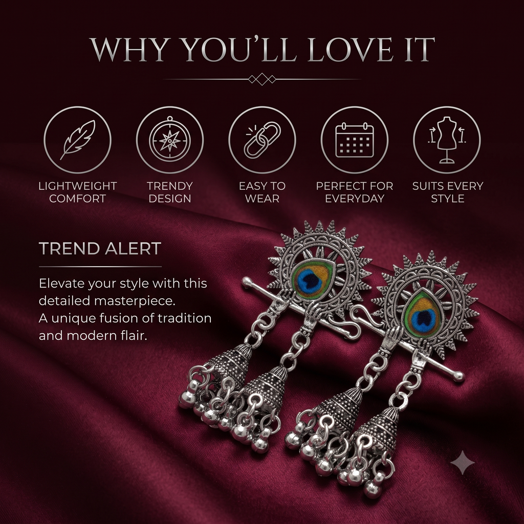 Oxidised Silver Peacock Flute Jhumka Earrings with Enamel Work