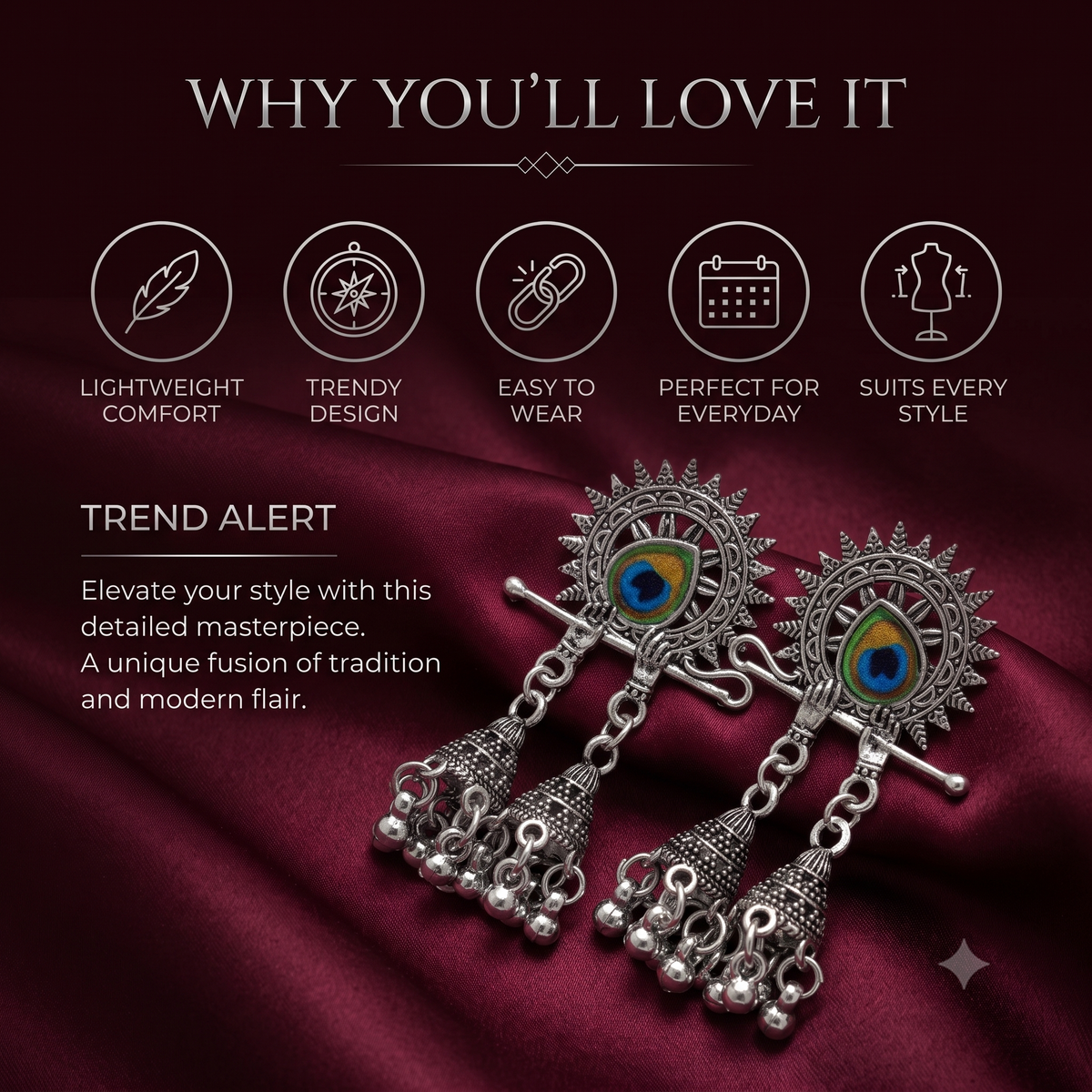 Oxidised Silver Peacock Flute Jhumka Earrings with Enamel Work