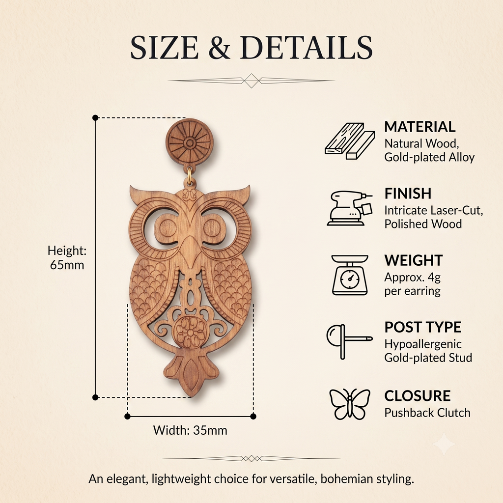 Laser-Cut Bohemian Owl Wooden Dangle Earrings – Lightweight Boho Drop Earrings for Women