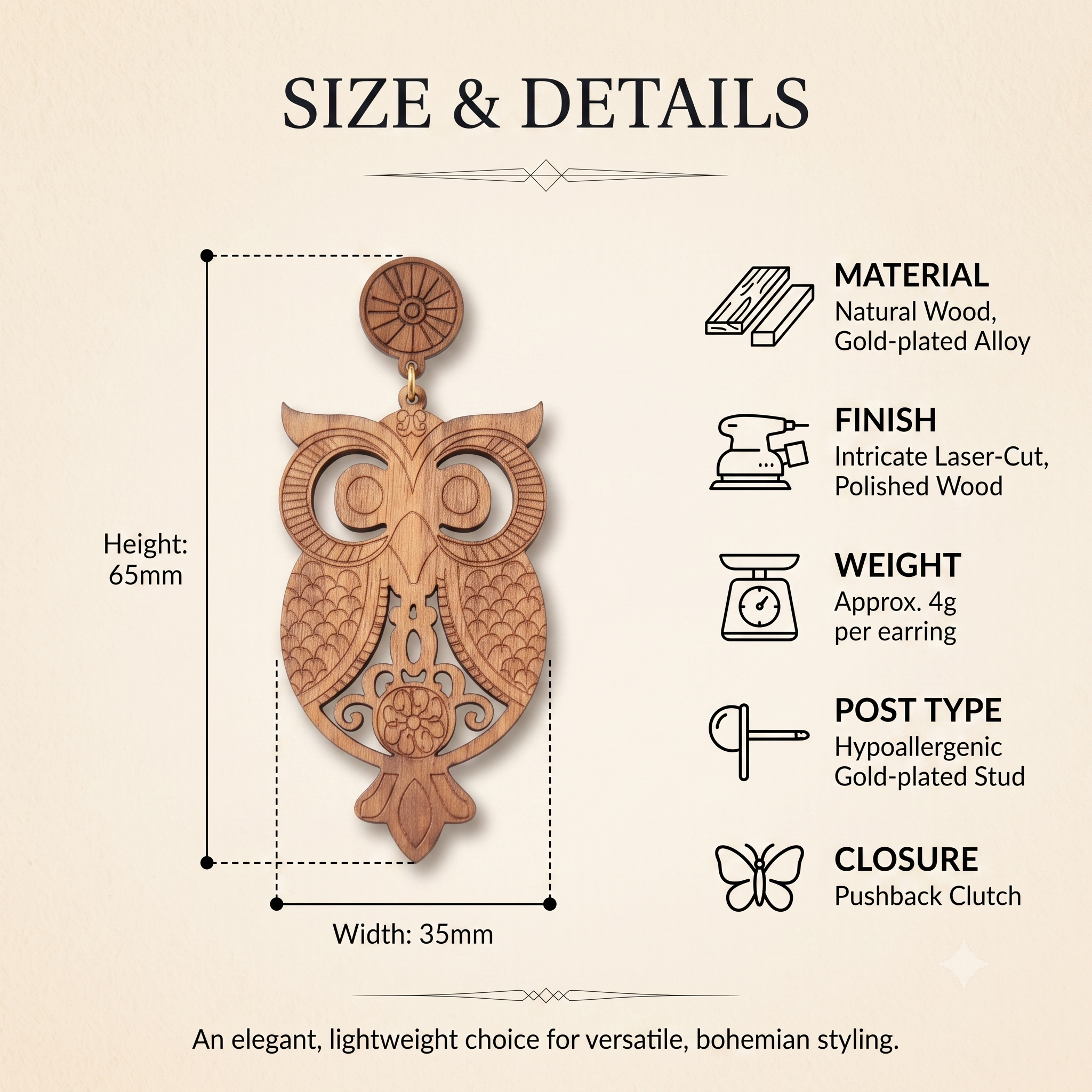 Laser-Cut Bohemian Owl Wooden Dangle Earrings – Lightweight Boho Drop Earrings for Women