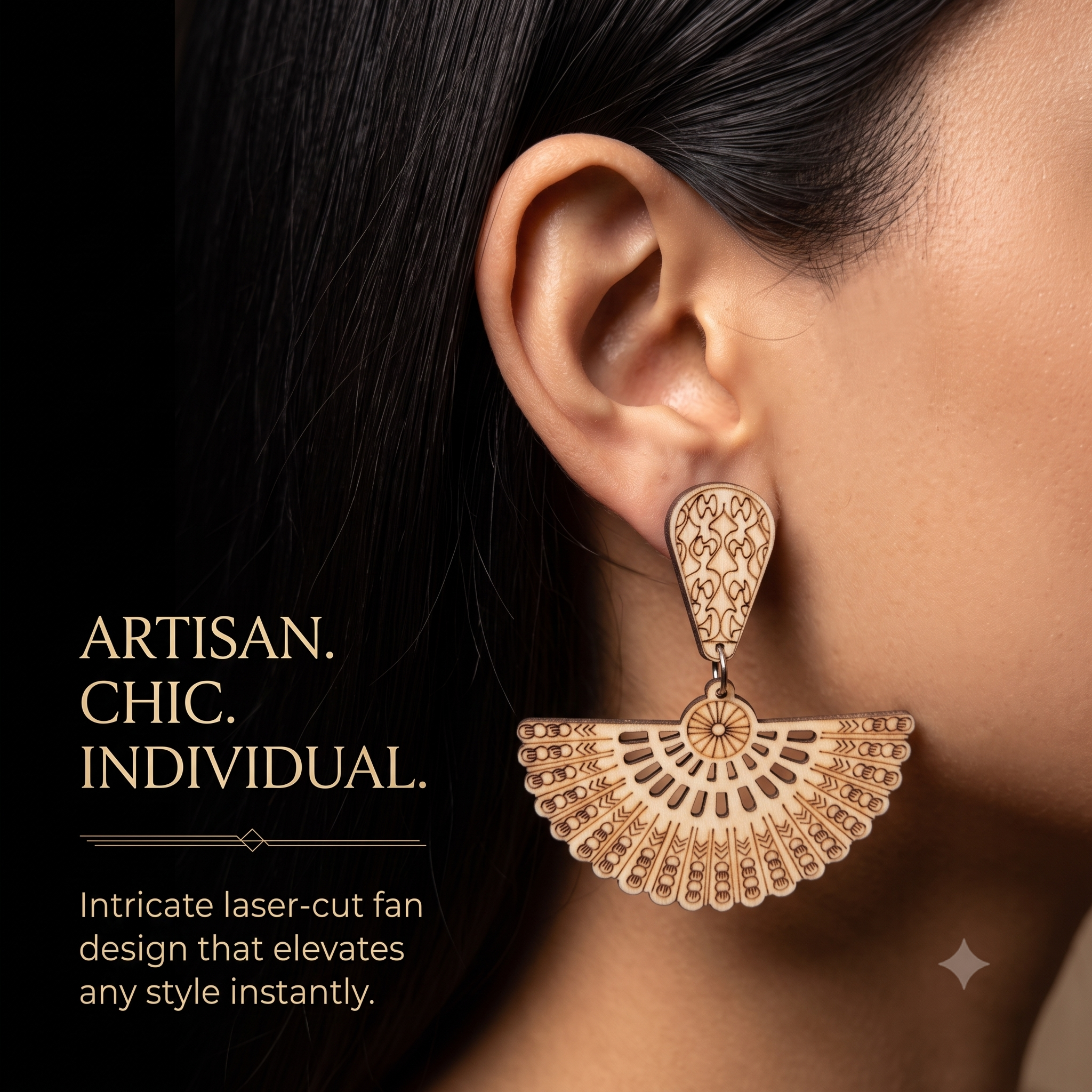 Laser-Cut Bohemian Fan Wooden Drop Earrings – Lightweight Boho Chandelier Dangle Earrings for Women
