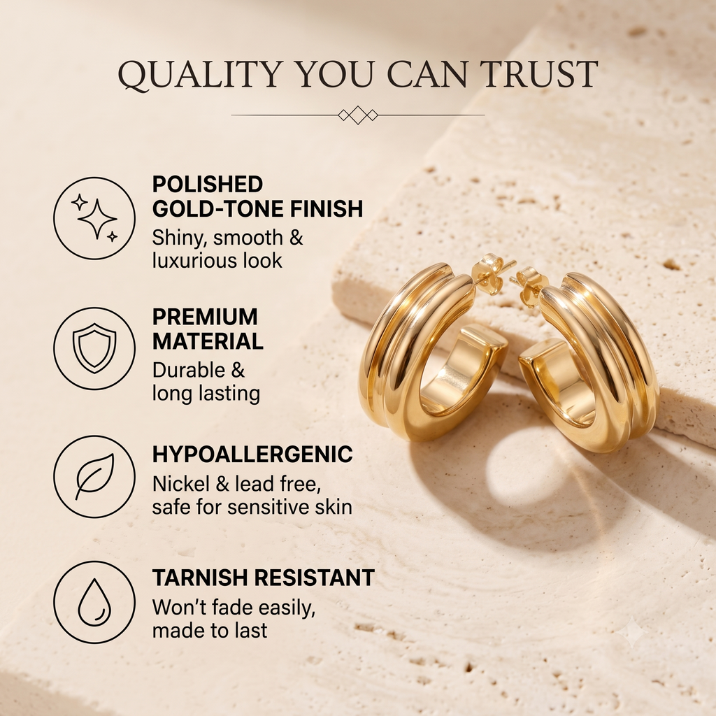Trendy Chunky C-Hoop Earrings for Women & Girls | Polished Gold Plated Fashion Jewellery for Daily, Office & Party Wear