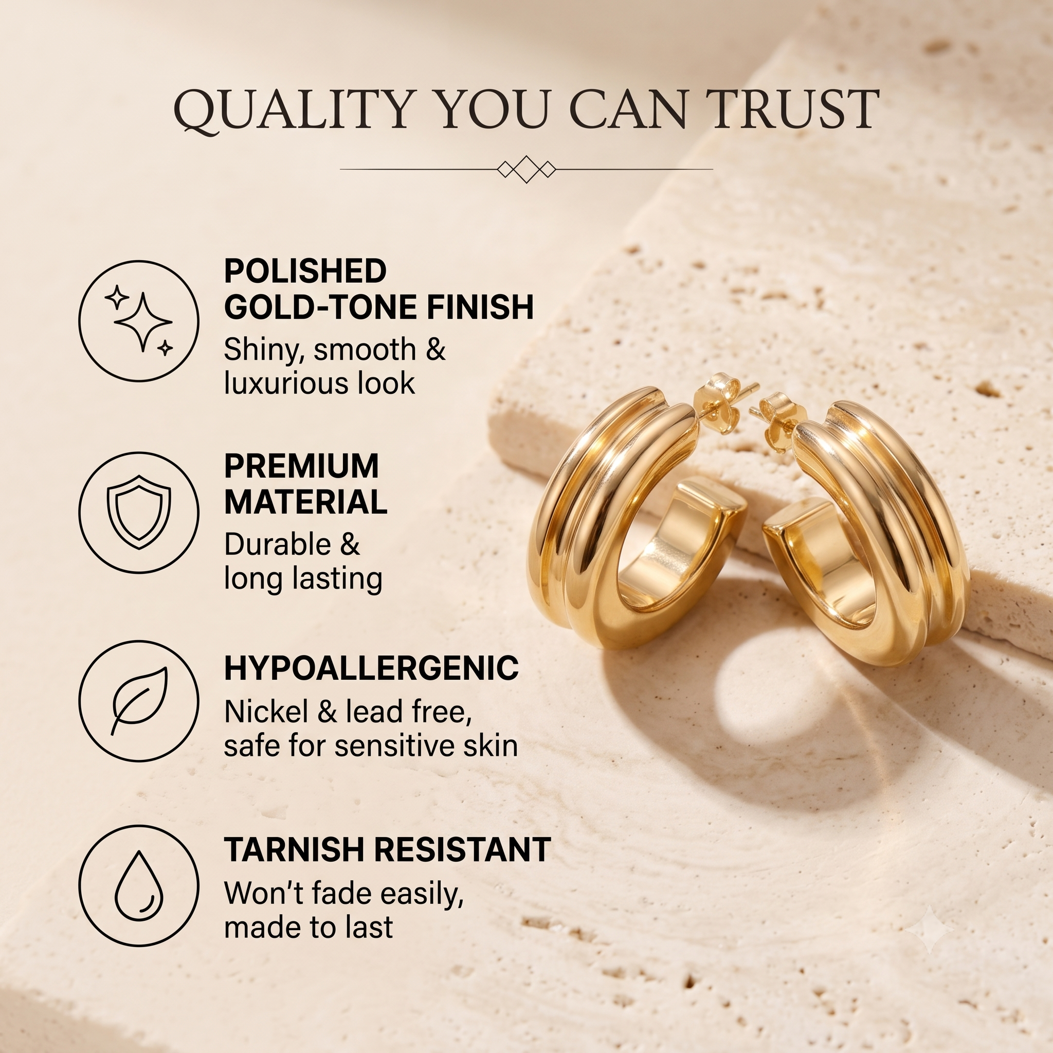 Trendy Chunky C-Hoop Earrings for Women & Girls | Polished Gold Plated Fashion Jewellery for Daily, Office & Party Wear