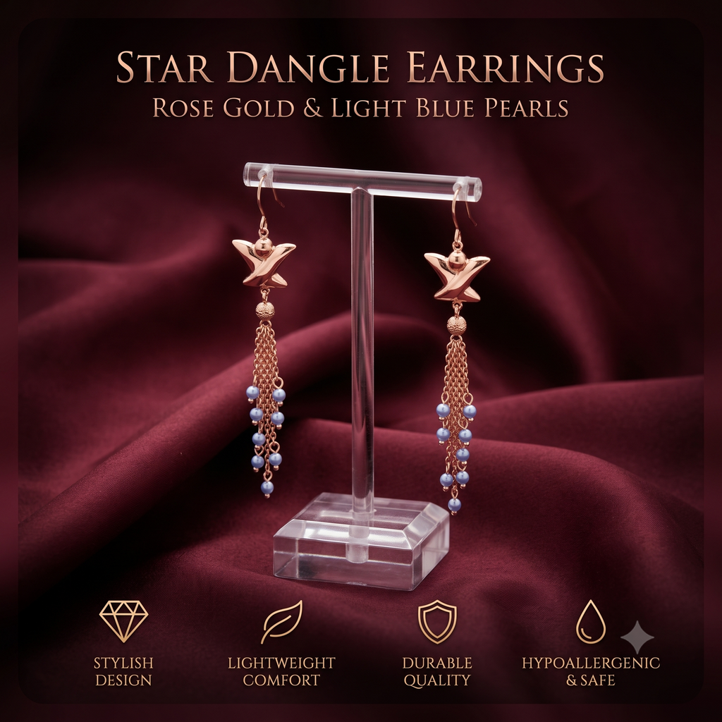 Elegant Rose Gold Multi-Chain Star Dangle Earrings for Women & Girls | Trendy Light Blue Pearl Drop Fashion Jewellery for Party & Festive Wear