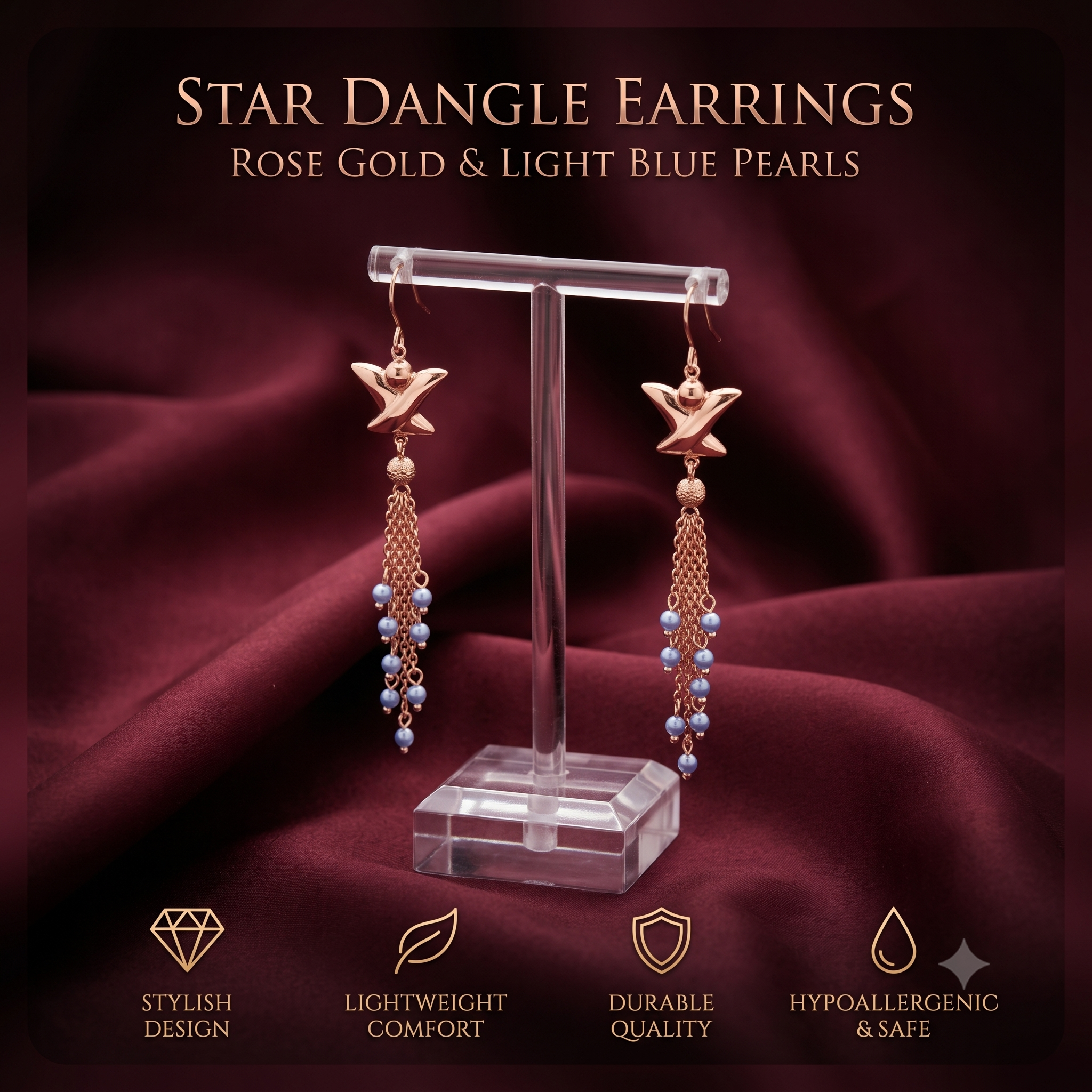 Elegant Rose Gold Multi-Chain Star Dangle Earrings for Women & Girls | Trendy Light Blue Pearl Drop Fashion Jewellery for Party & Festive Wear