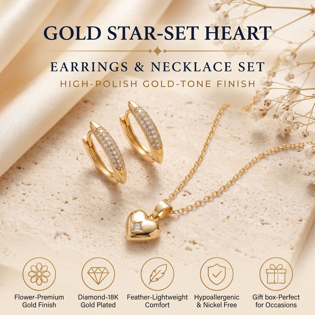 Gold Star- Heart Pendant Necklace and Earrings Jewellery Set