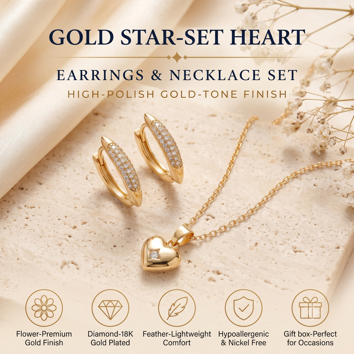 Gold Star- Heart Pendant Necklace and Earrings Jewellery Set