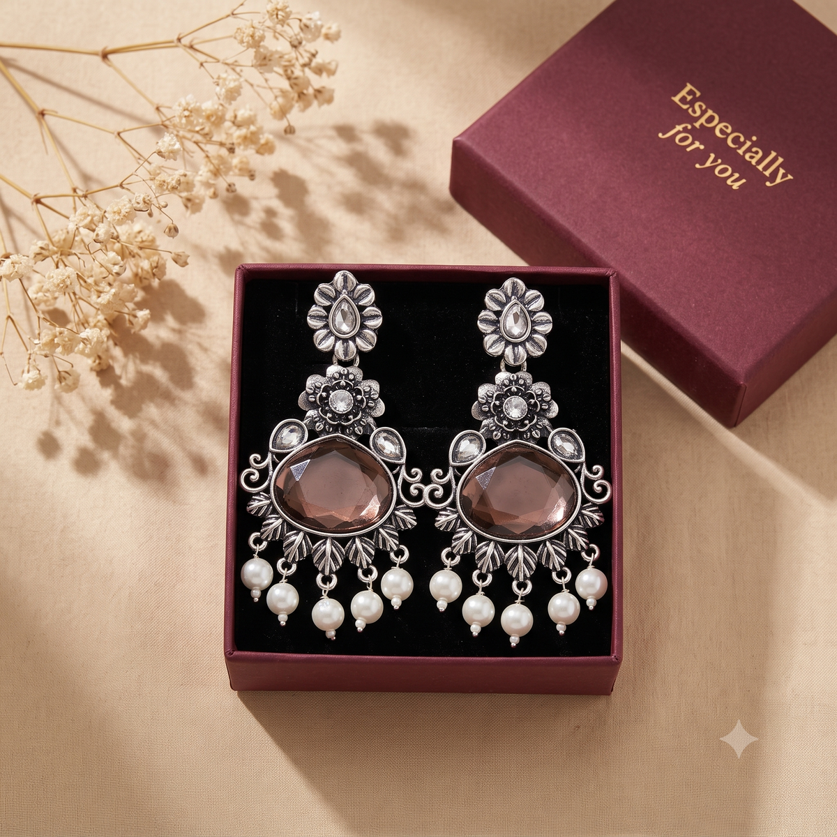 Oxidised Silver Dangle Jhumka Earrings with Pearls for Women