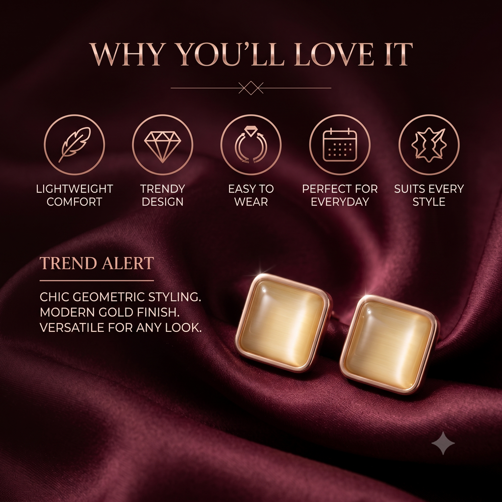 Elegant Square Stud Earrings for Women & Girls | Rose Gold Plated Trendy Fashion Jewellery for Daily & Office Wear