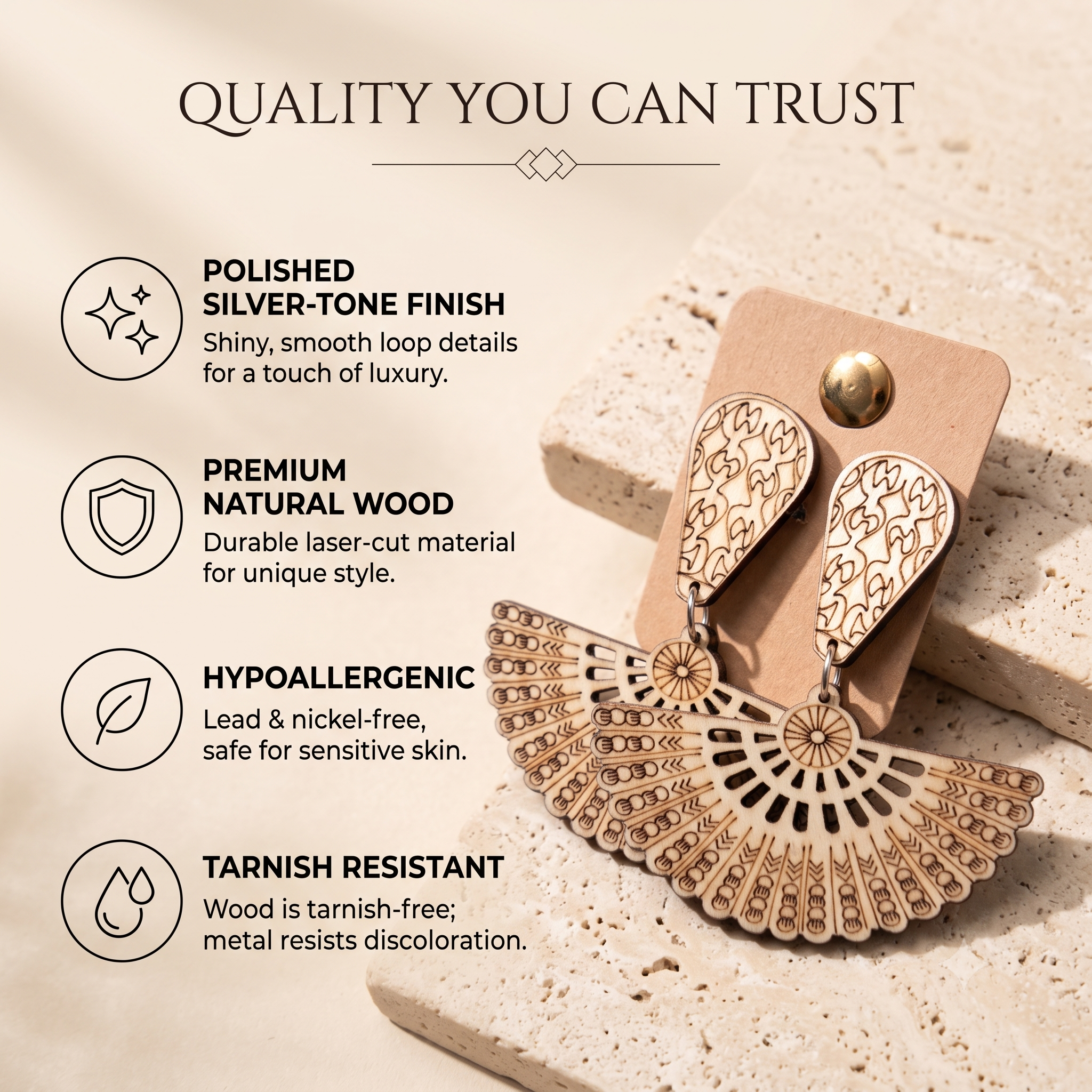 Laser-Cut Bohemian Fan Wooden Drop Earrings – Lightweight Boho Chandelier Dangle Earrings for Women