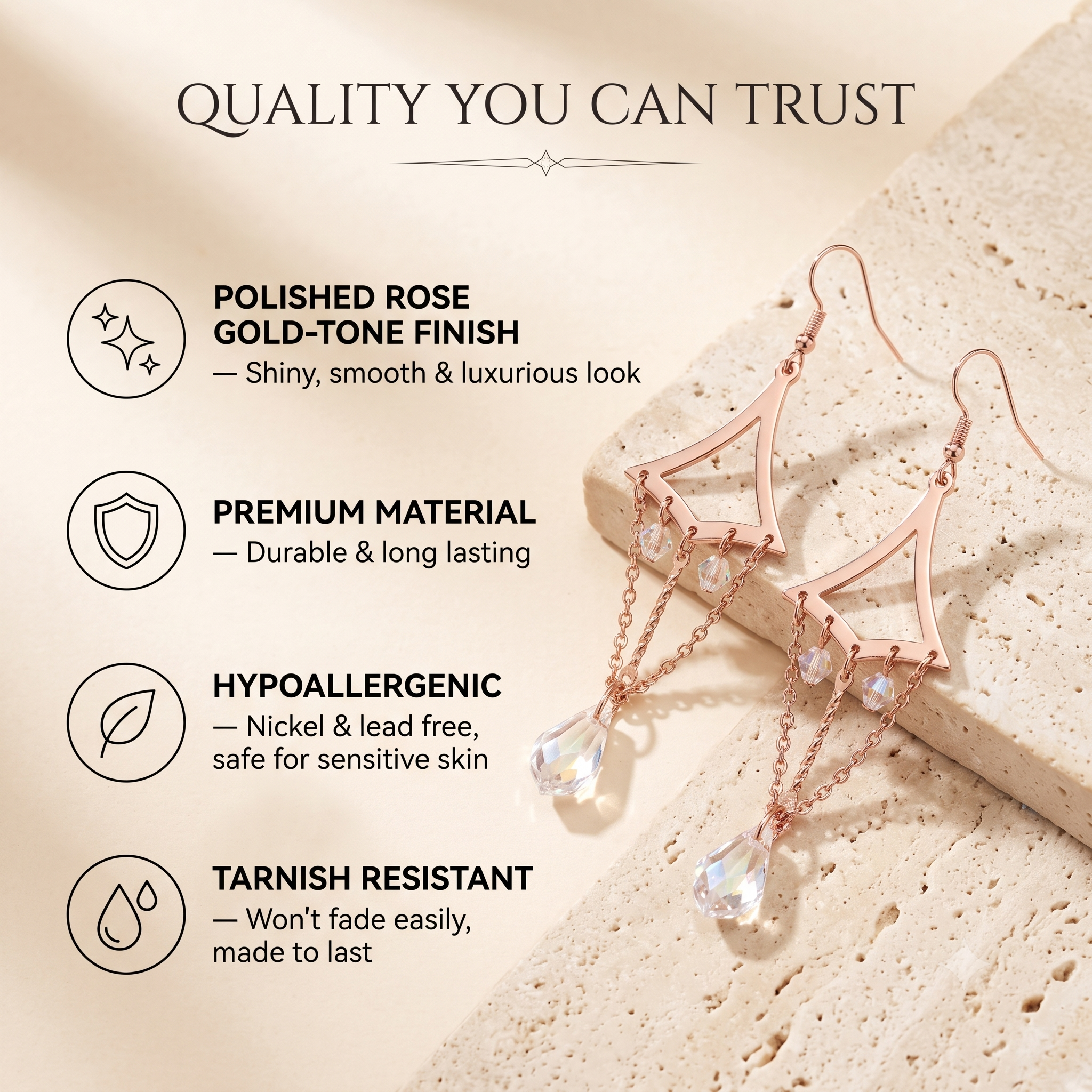 Trendy Geometric Tassel Dangle Earrings for Women & Girls | Rose Gold & Clear Crystal Long Drop Fashion Jewellery for Party & Festive Wear