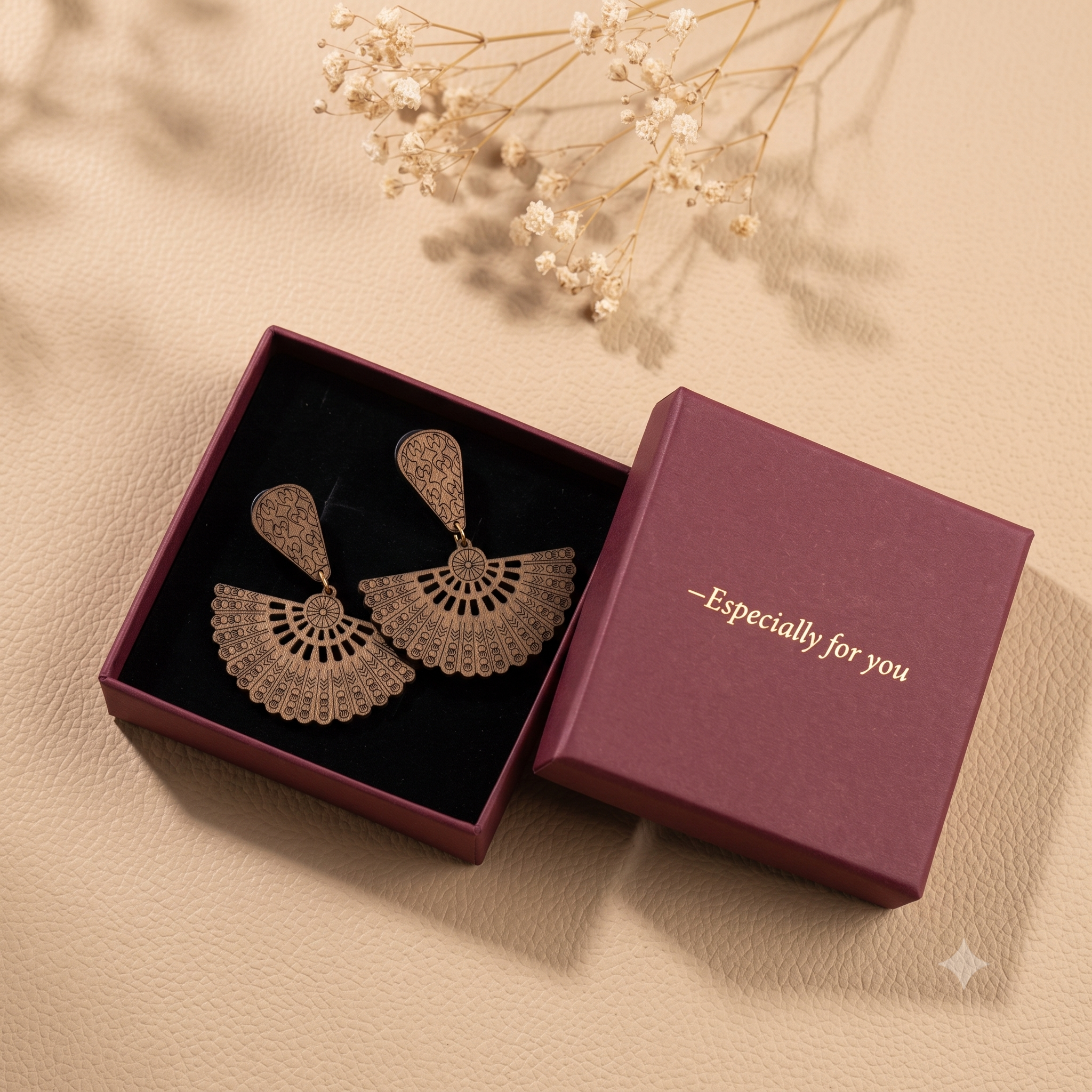 Laser-Cut Bohemian Fan Wooden Drop Earrings – Lightweight Boho Chandelier Dangle Earrings for Women