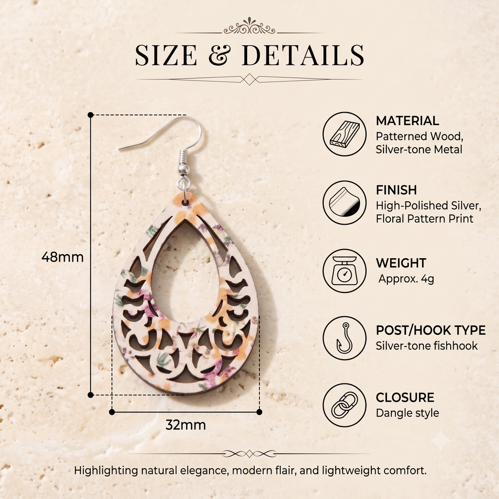 Wooden Laser Cut Teardrop Earrings - Multicolour