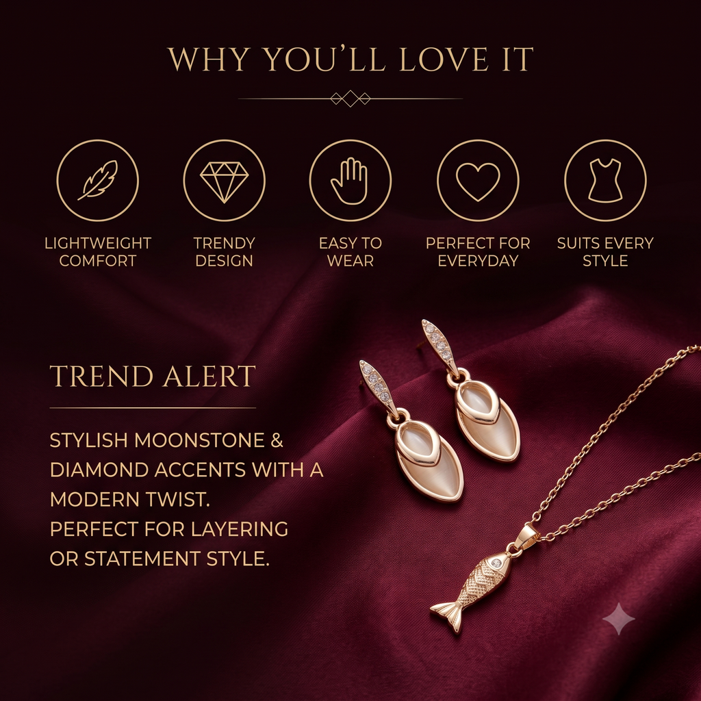 Gold-Plated Opal Style Fish Pendant Necklace and Earrings Jewellery Set