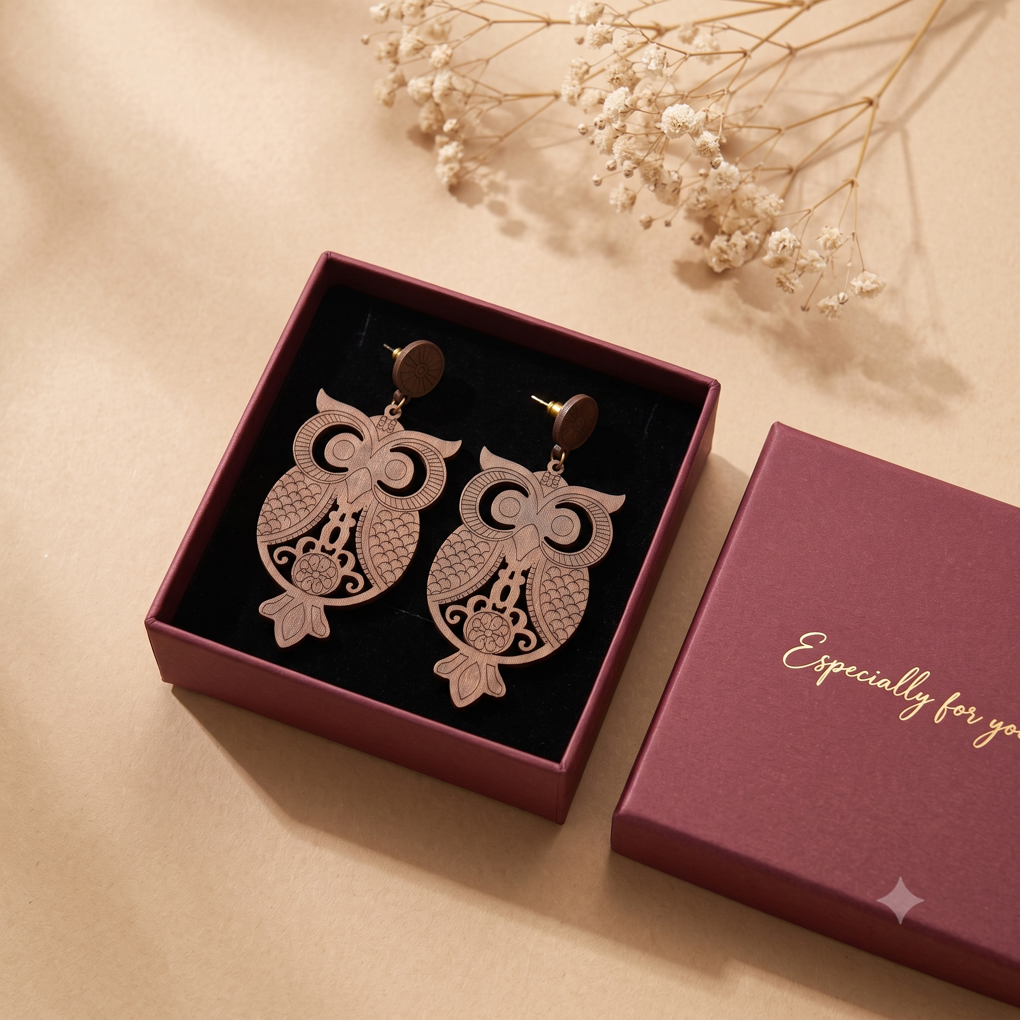 Laser-Cut Bohemian Owl Wooden Dangle Earrings – Lightweight Boho Drop Earrings for Women