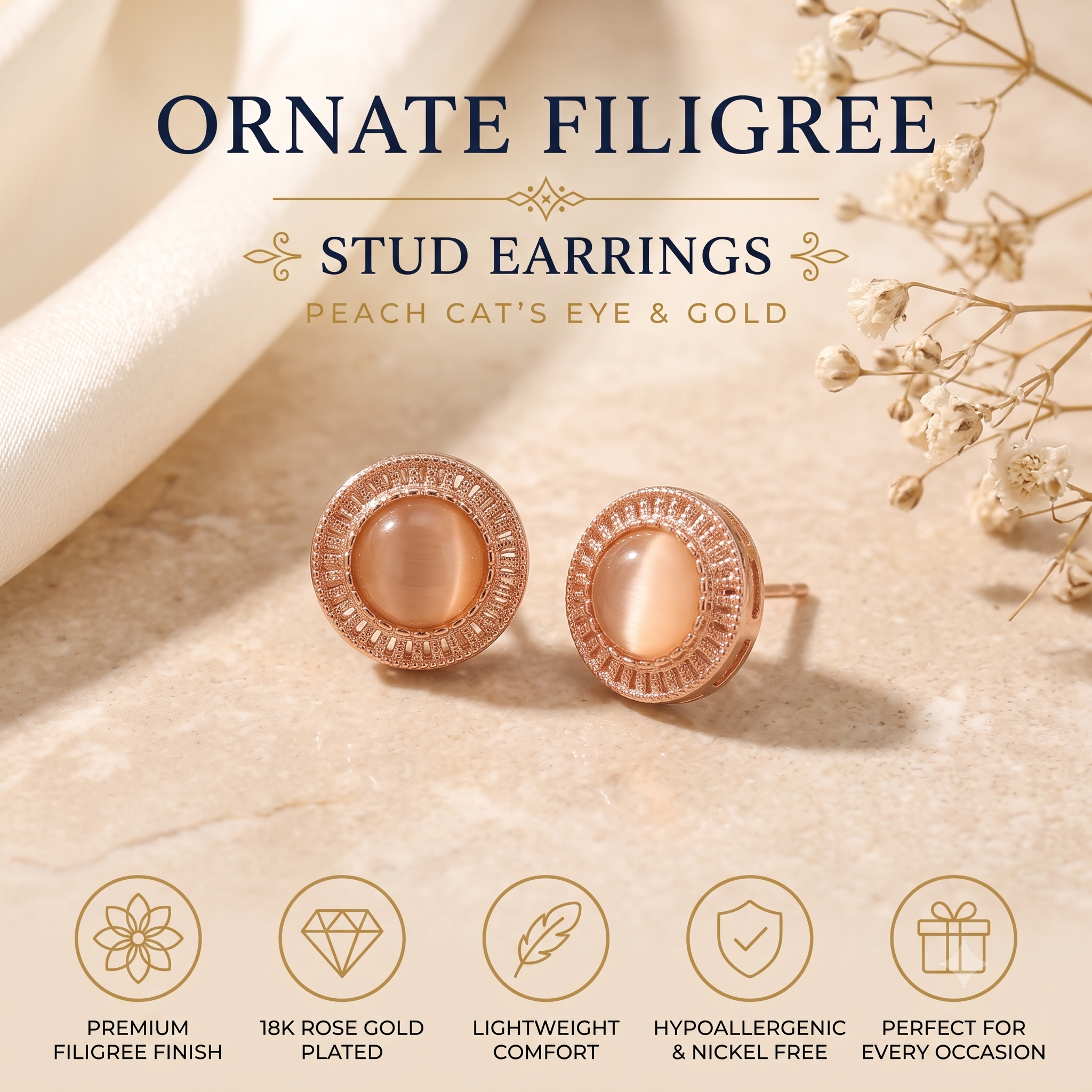 Elegant Rose Gold Peach Cat's Eye Stud Earrings for Women & Girls | Trendy Fashion Jewellery for Daily & Party Wear