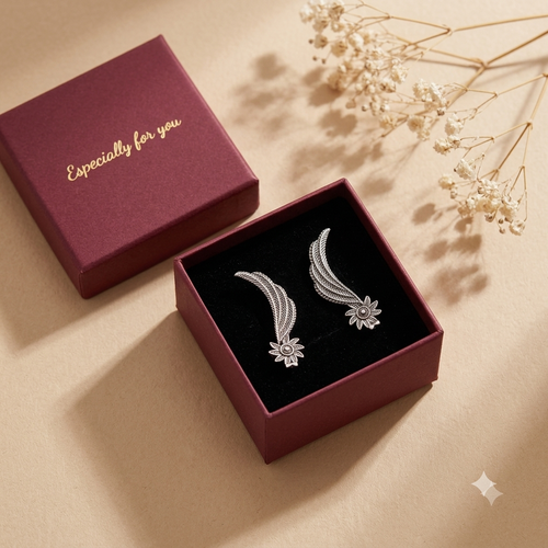 Antique Silver Oxidised Feather Ear Crawlers & Wing Ear Cuffs for Women
