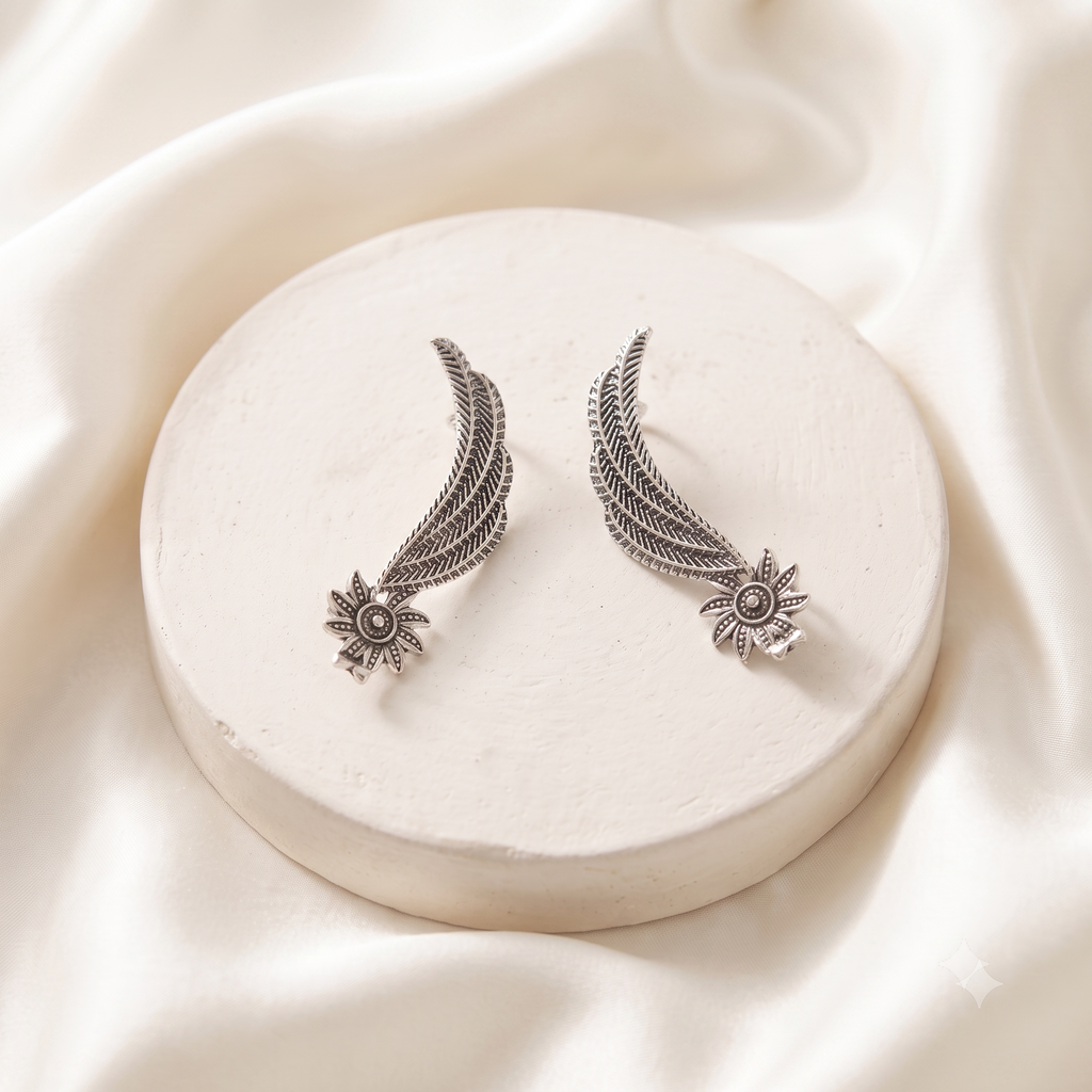 Antique Silver Oxidised Feather Ear Crawlers & Wing Ear Cuffs for Women