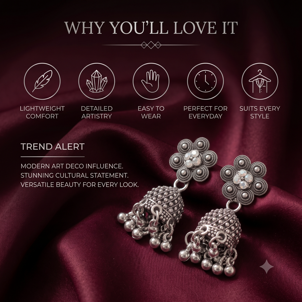 Antique Oxidised Silver Crystal Flower Jhumka Earrings for Women