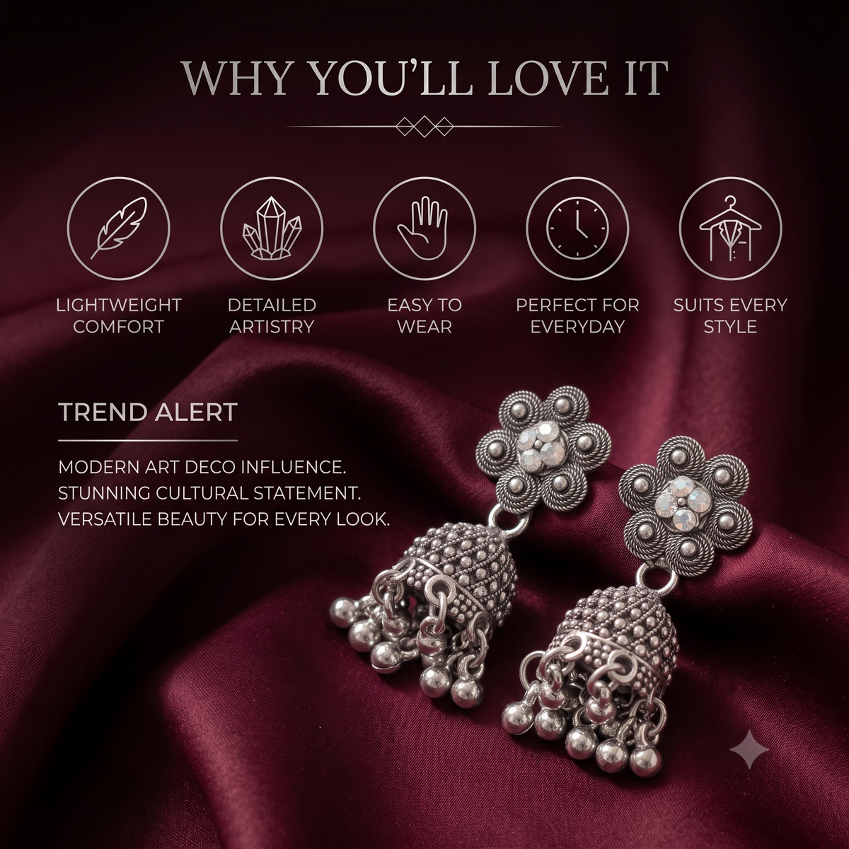 Antique Oxidised Silver Crystal Flower Jhumka Earrings for Women