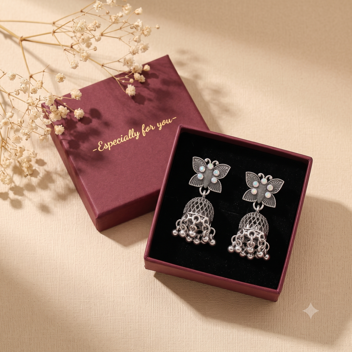 Antique Silver Oxidised Butterfly Jhumka Earrings with Opaline Stones