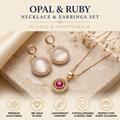 18K Gold Plated Round Ruby Halo Pendant Necklace & Opal Halo Circle Drop Earrings Set | Royal Gemstone Jewelry