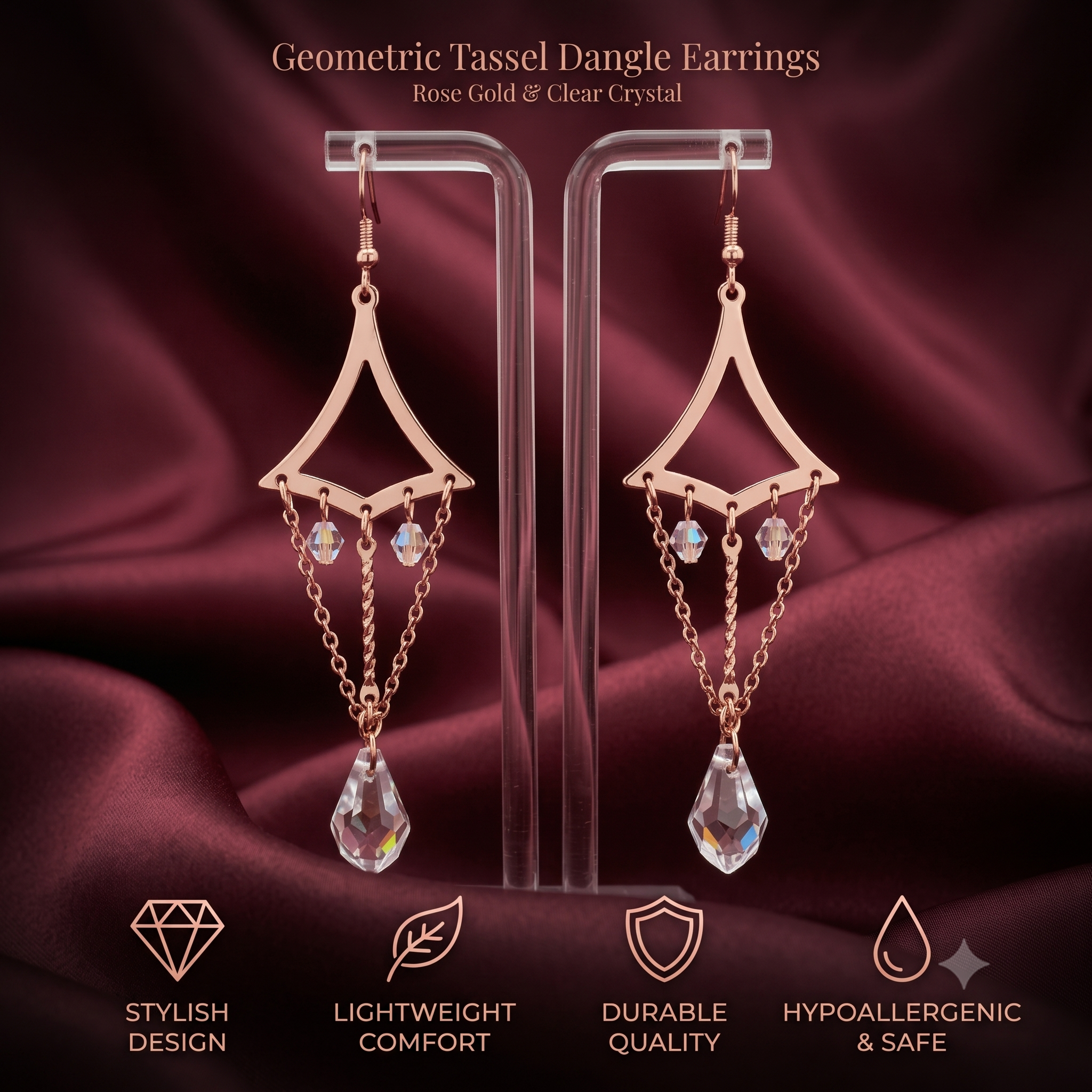 Trendy Geometric Tassel Dangle Earrings for Women & Girls | Rose Gold & Clear Crystal Long Drop Fashion Jewellery for Party & Festive Wear