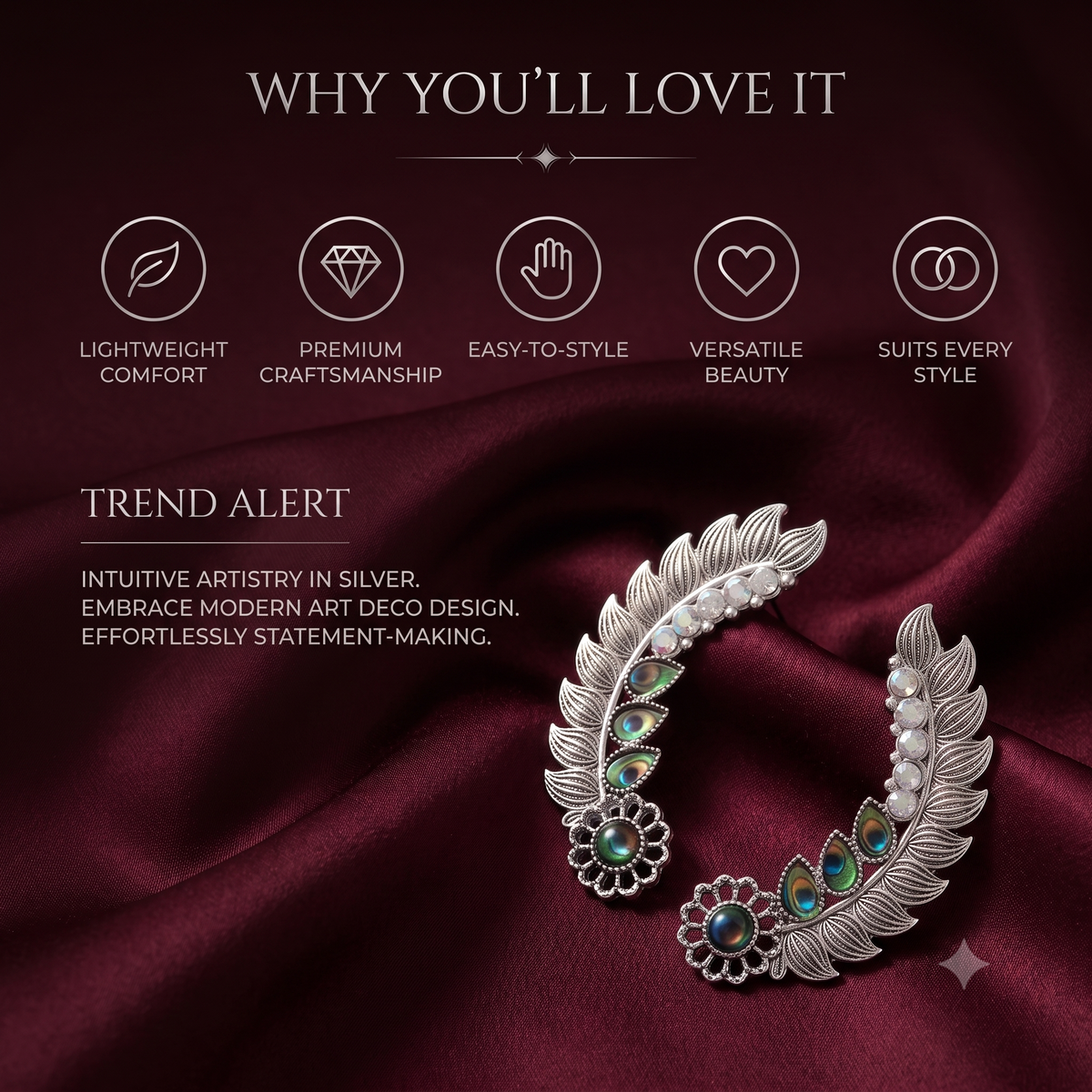 Antique Silver Oxidised Peacock Ear Climbers & Iridescent Feather Ear Cuffs
