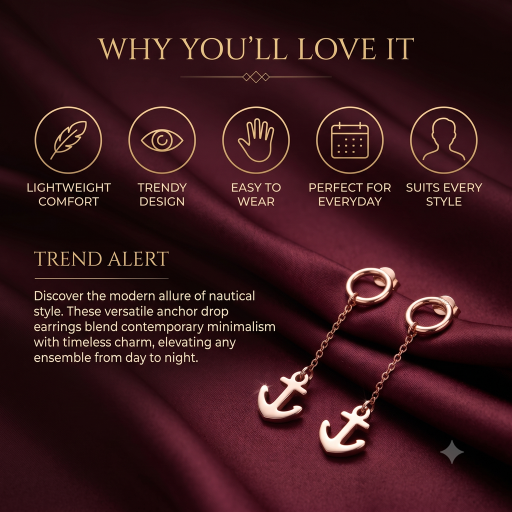 Trendy Rose Gold Anchor Drop Earrings for Women & Girls | Nautical Long Chain Dangle Fashion Jewellery for Daily & Casual Wear