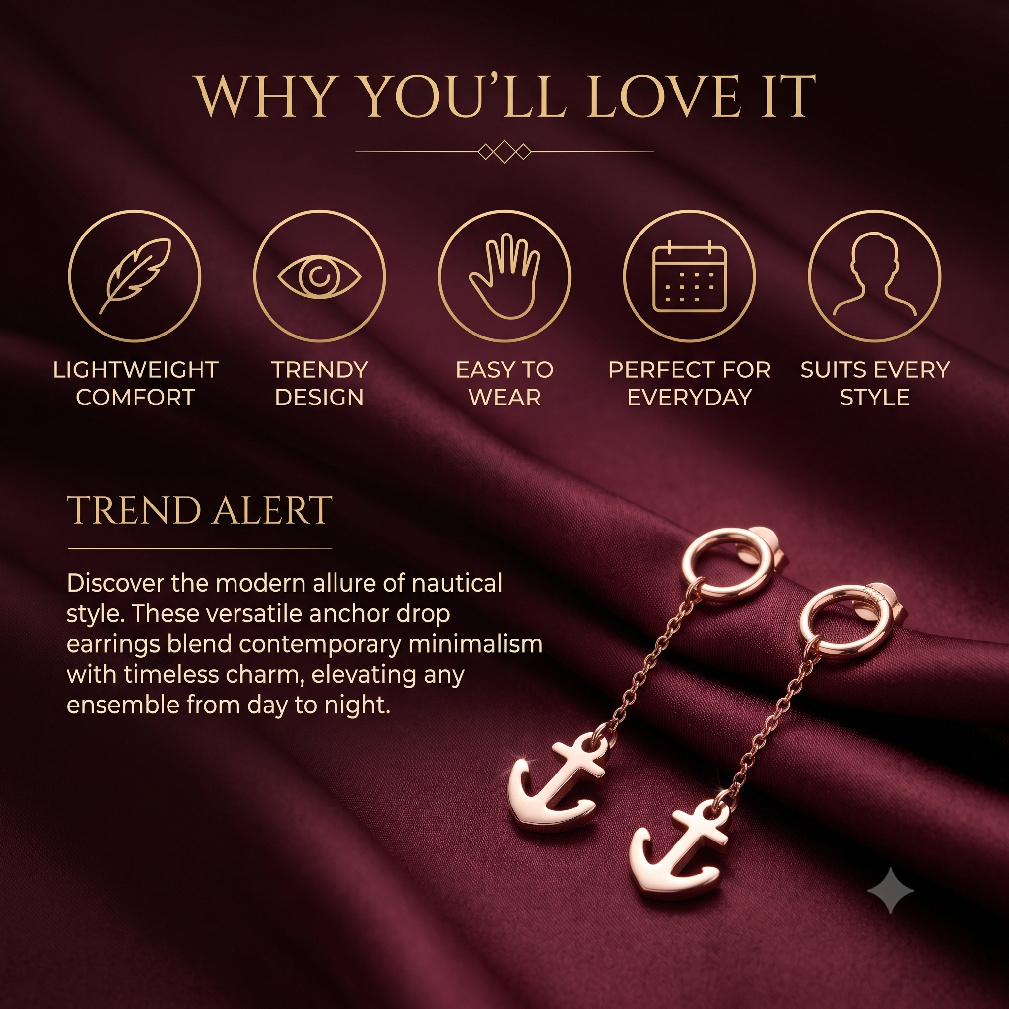 Trendy Rose Gold Anchor Drop Earrings for Women & Girls | Nautical Long Chain Dangle Fashion Jewellery for Daily & Casual Wear