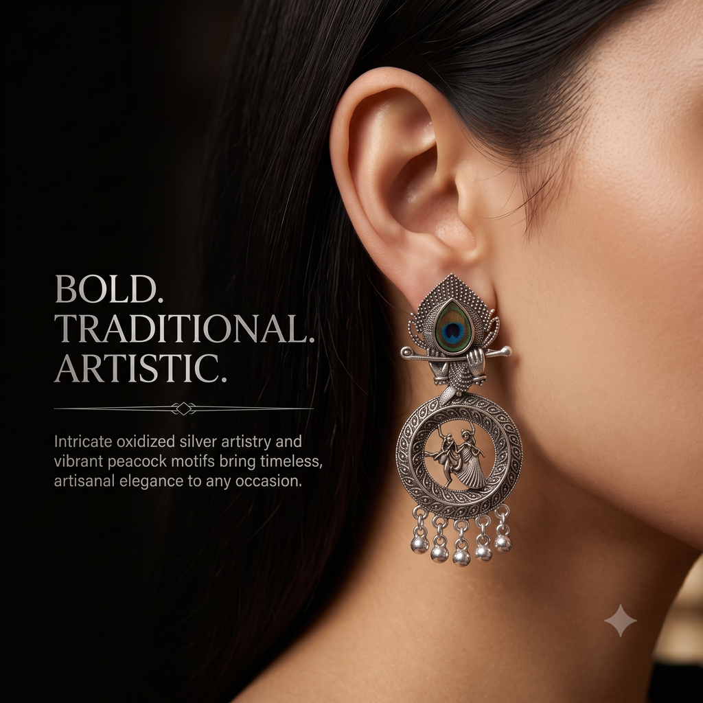 Oxidised Silver Radha Krishna Peacock Dangle Earrings for Women