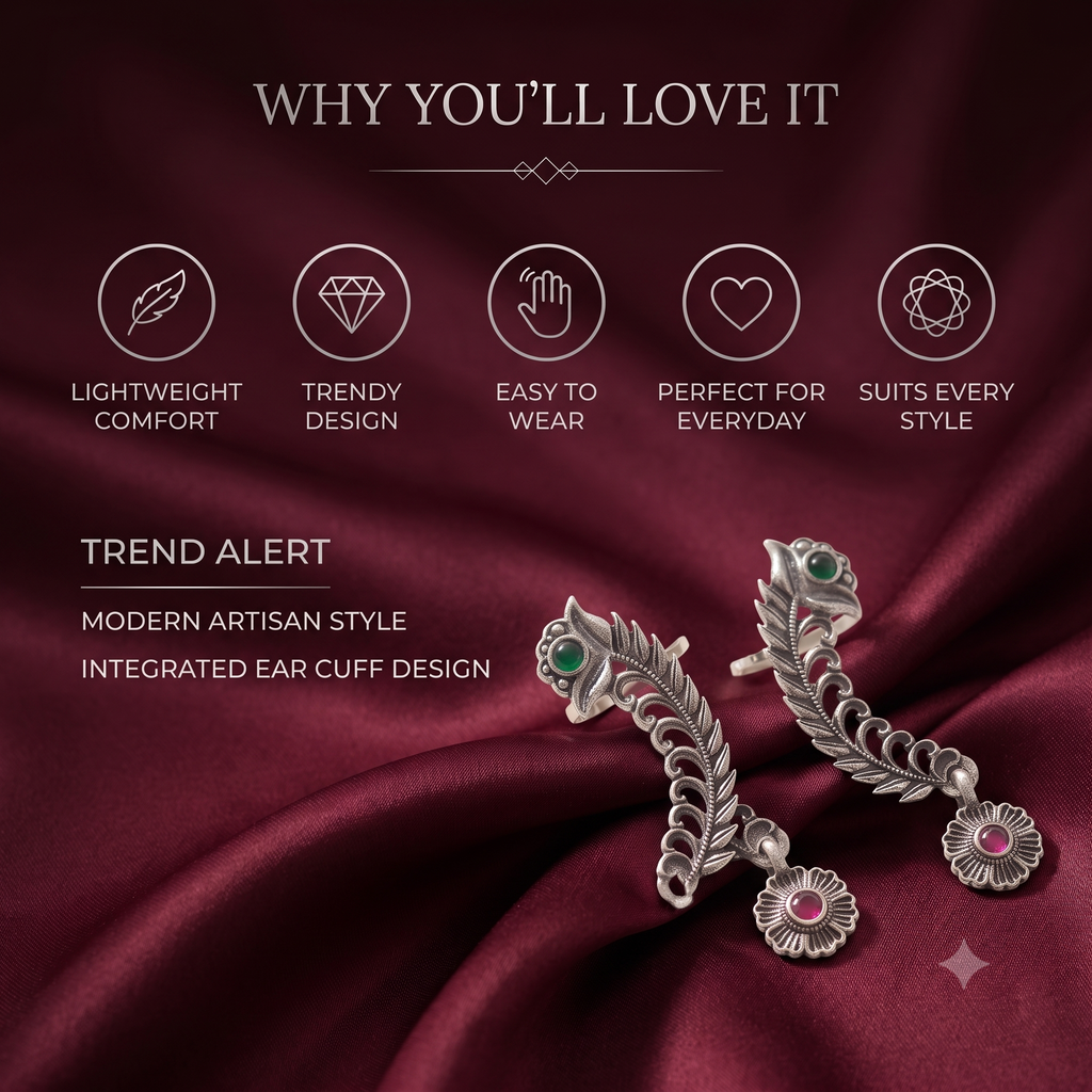 Oxidised Silver Peacock Ear Crawlers with Emerald Green & Ruby Red Stones