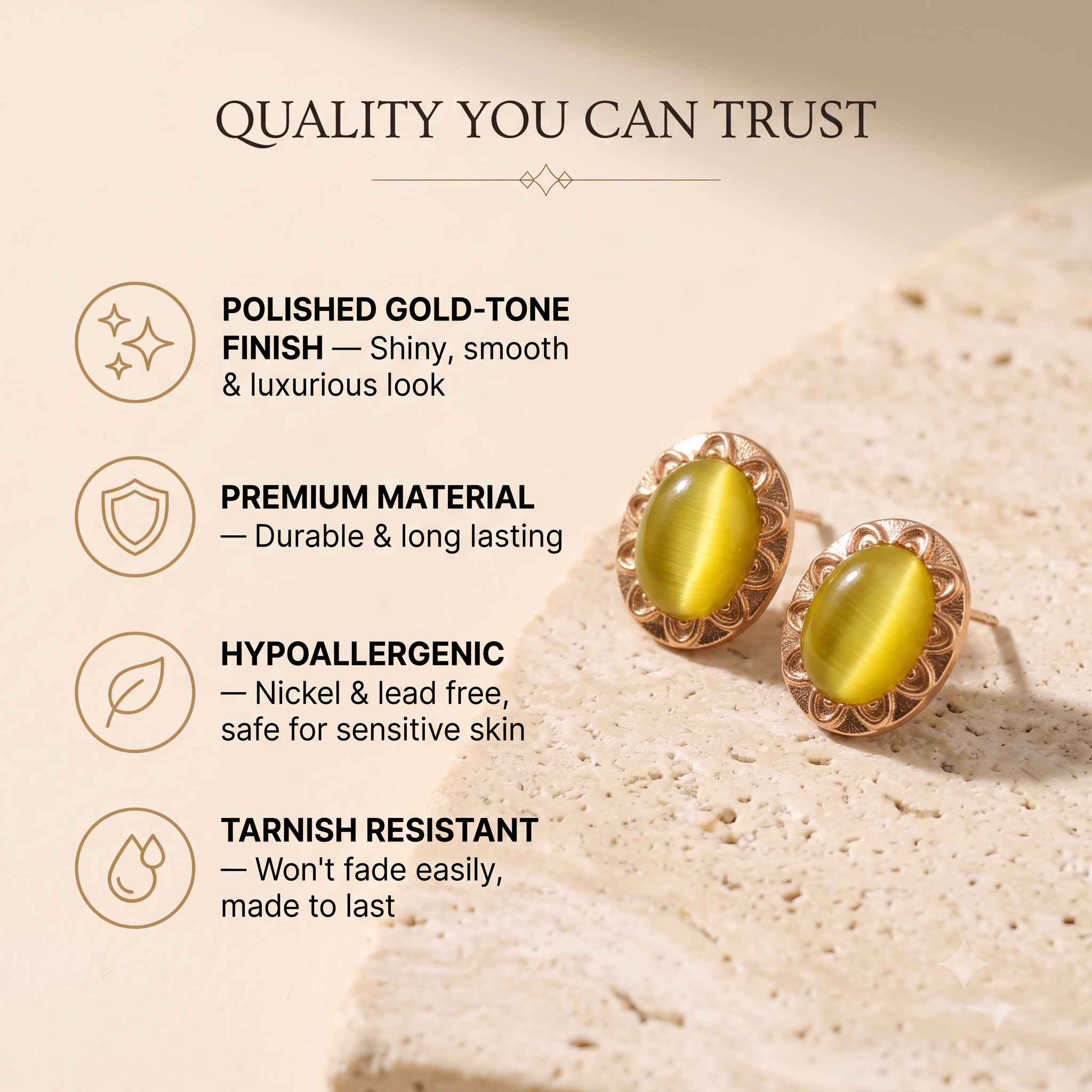 Elegant Oval Stud Earrings for Women & Girls | Golden Yellow Trendy Fashion Jewellery for Daily & Office Wear