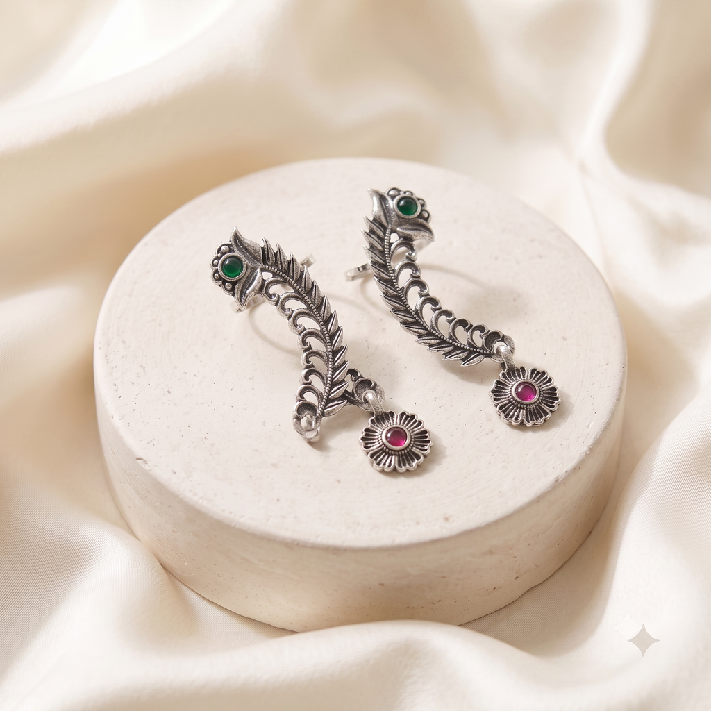 Oxidised Silver Peacock Ear Crawlers with Emerald Green & Ruby Red Stones