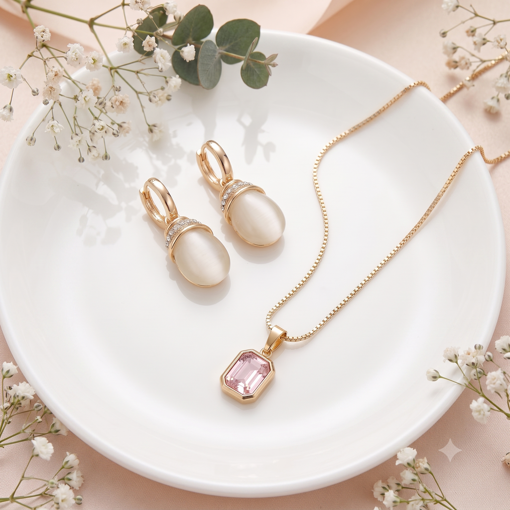 Moonstone & Sapphire Pendant Necklace and Earrings Set | 18K Gold Plated