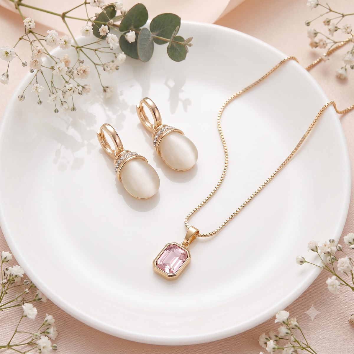 Moonstone & Sapphire Pendant Necklace and Earrings Set | 18K Gold Plated