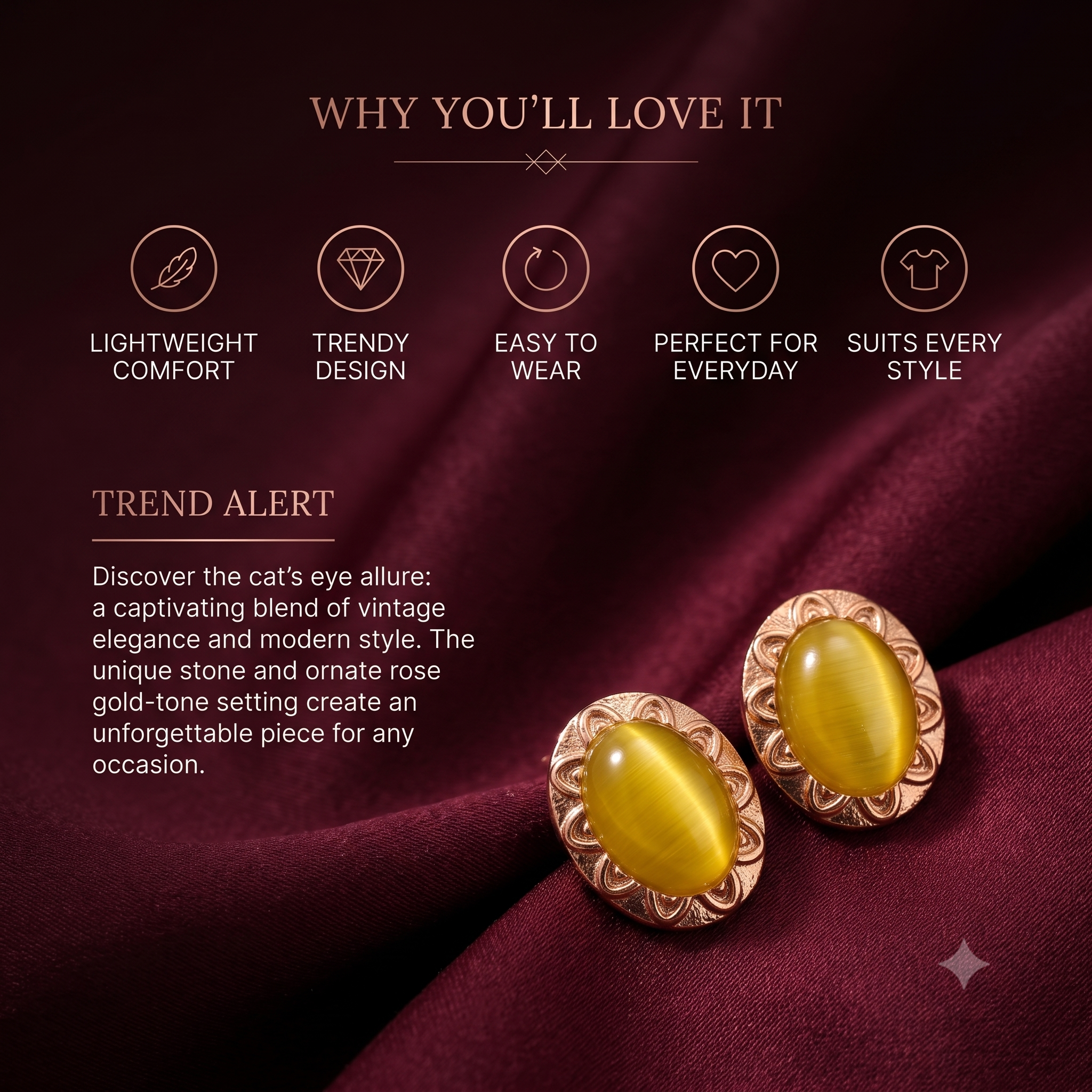 Elegant Oval Stud Earrings for Women & Girls | Golden Yellow Trendy Fashion Jewellery for Daily & Office Wear