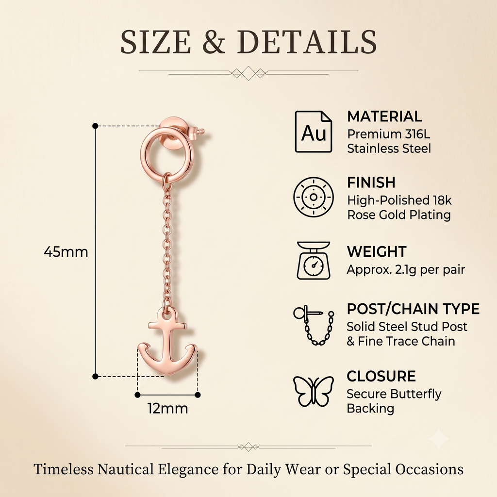 Trendy Rose Gold Anchor Drop Earrings for Women & Girls | Nautical Long Chain Dangle Fashion Jewellery for Daily & Casual Wear