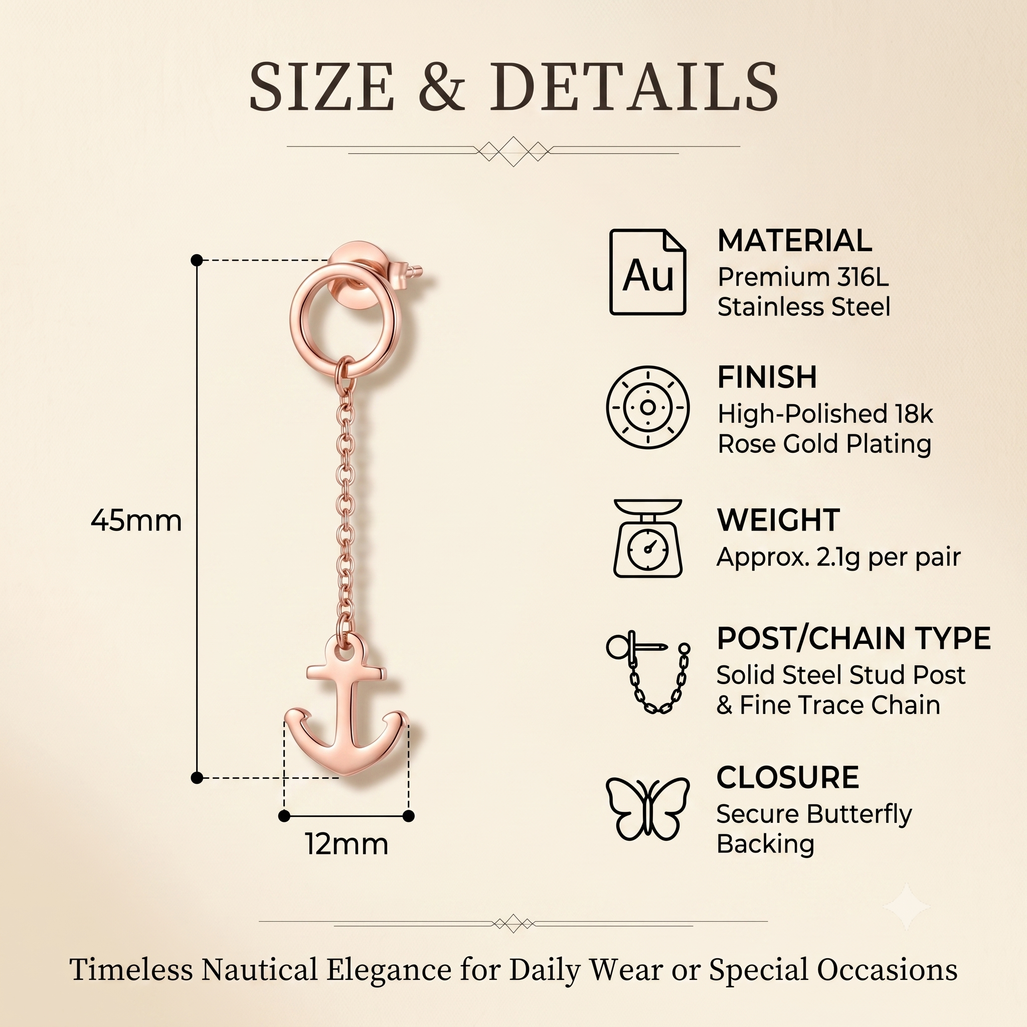 Trendy Rose Gold Anchor Drop Earrings for Women & Girls | Nautical Long Chain Dangle Fashion Jewellery for Daily & Casual Wear