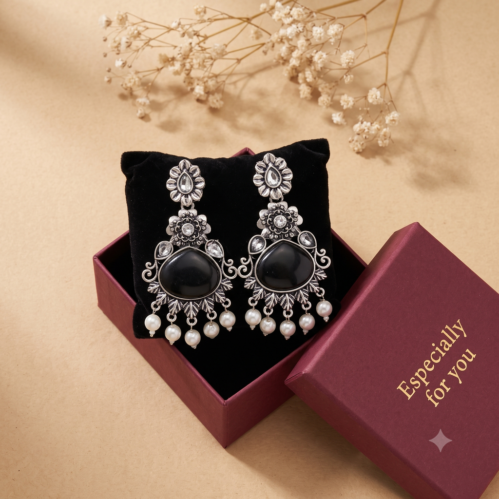 Oxidised Silver Dangle Jhumka Earrings with Pearls for Women