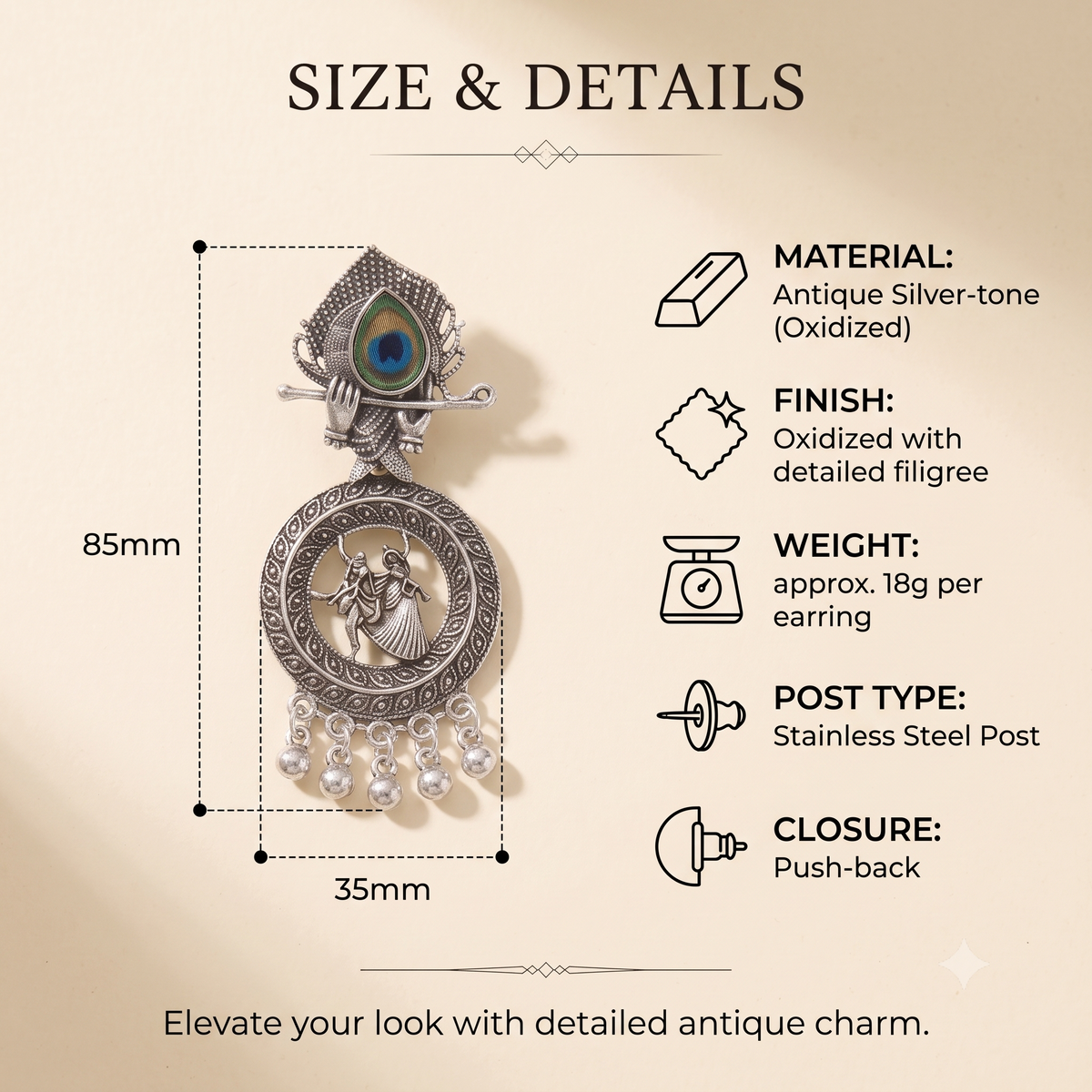 Oxidised Silver Radha Krishna Peacock Dangle Earrings for Women