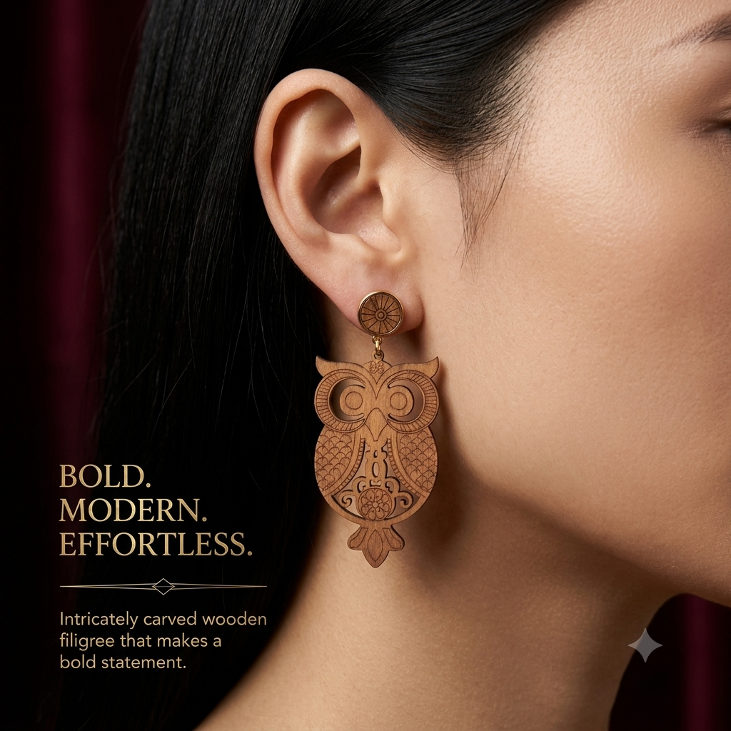 Laser-Cut Bohemian Owl Wooden Dangle Earrings – Lightweight Boho Drop Earrings for Women