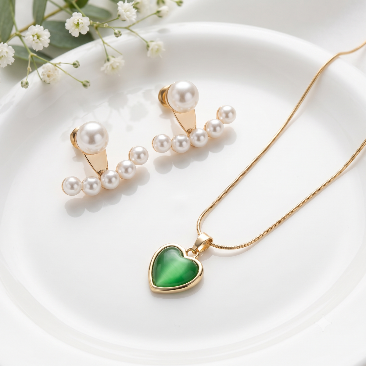 Pearl & Green Jade Matching Jewellery Set in Rose Gold (Pendant Necklace & Drop Earrings)