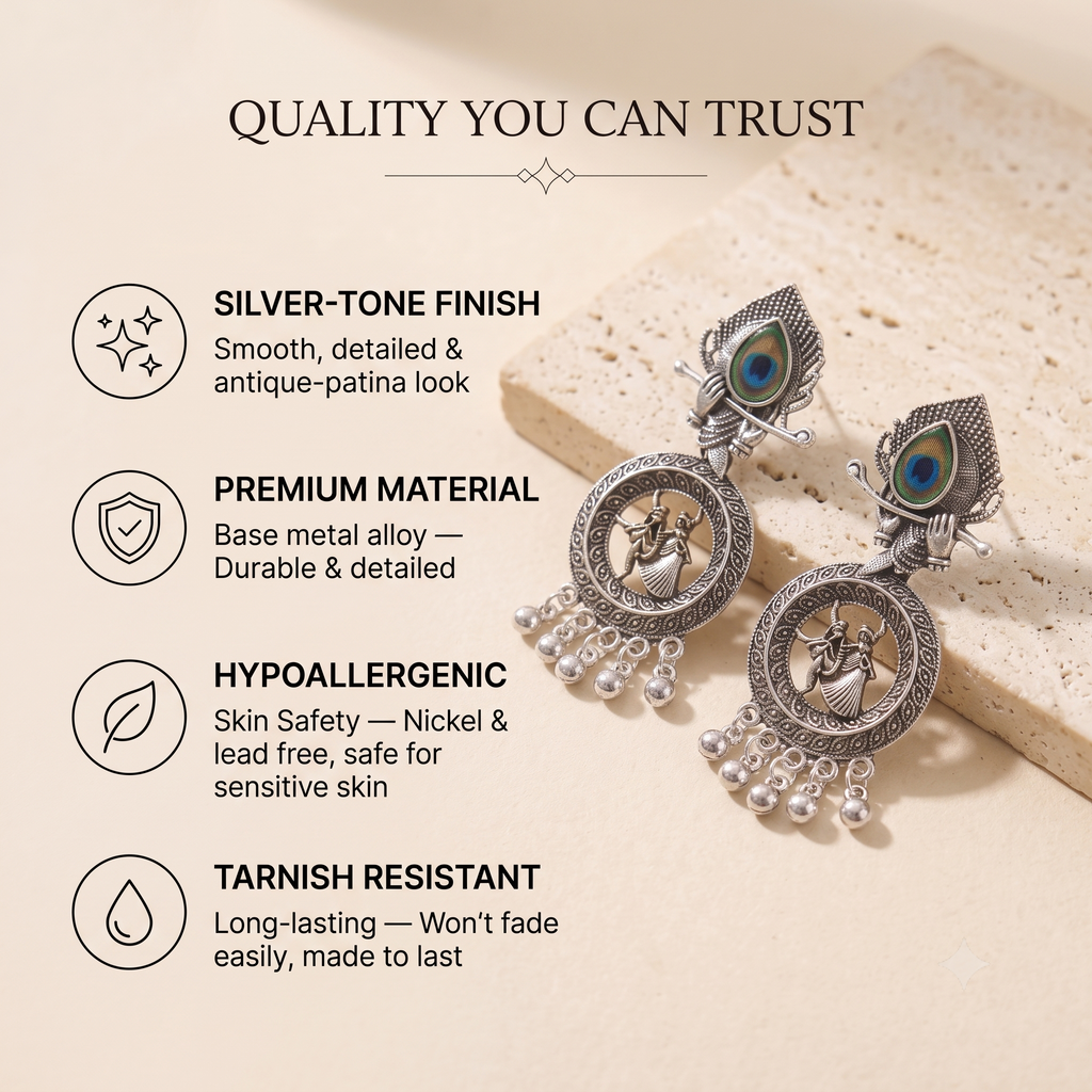 Oxidised Silver Radha Krishna Peacock Dangle Earrings for Women