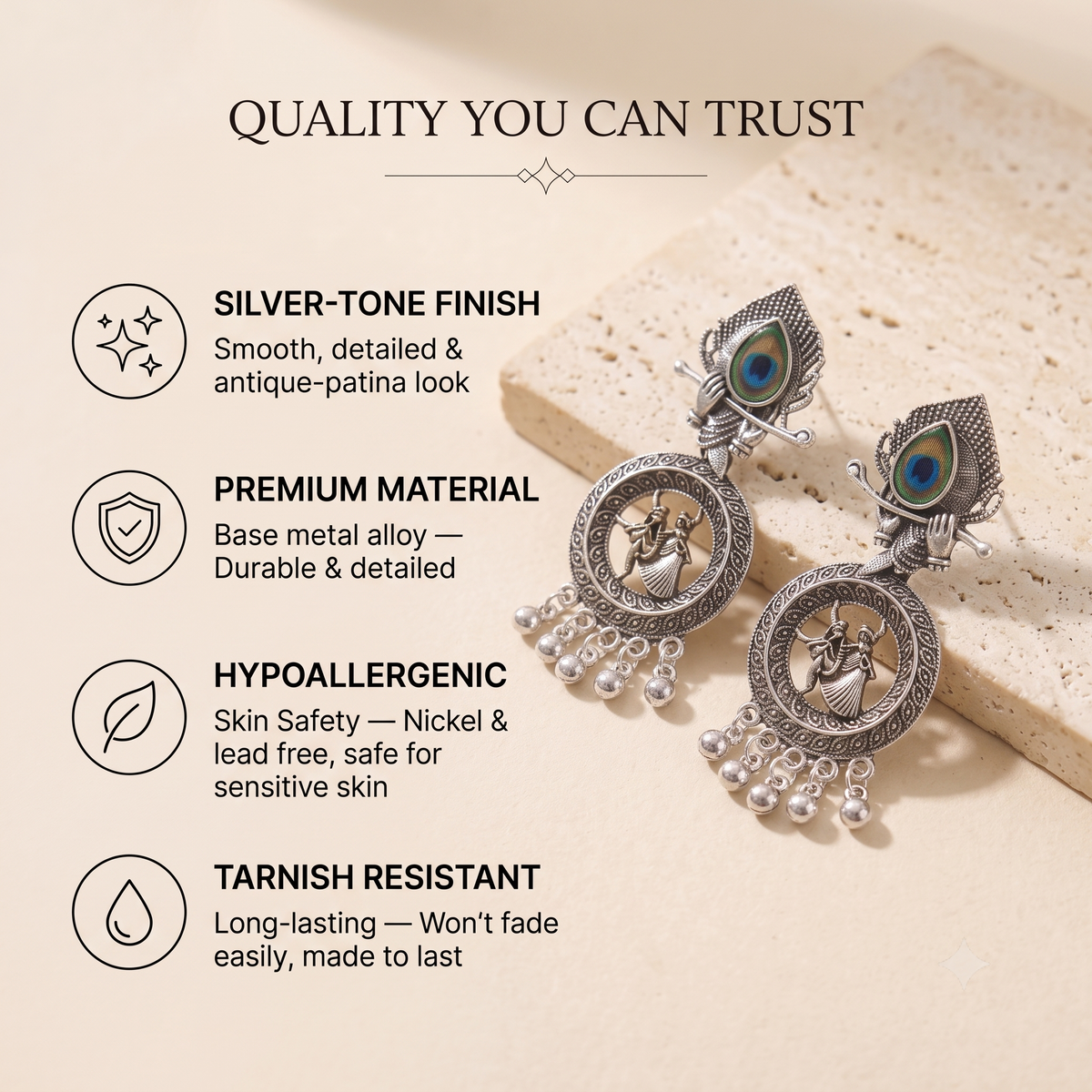 Oxidised Silver Radha Krishna Peacock Dangle Earrings for Women