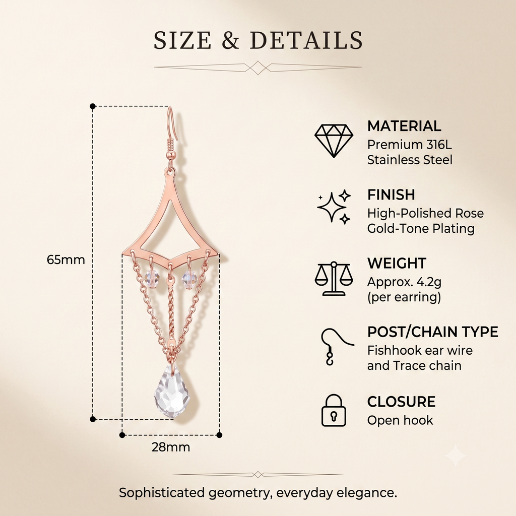 Trendy Geometric Tassel Dangle Earrings for Women & Girls | Rose Gold & Clear Crystal Long Drop Fashion Jewellery for Party & Festive Wear