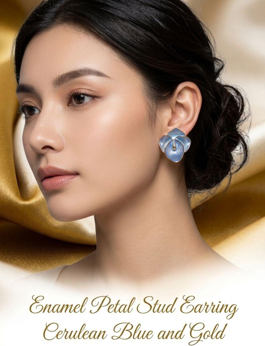 Elegant Enamel Petal Stud Earrings for Women & Girls | Cerulean Blue & Gold Trendy Fashion Jewellery for Daily, Office & Party Wear