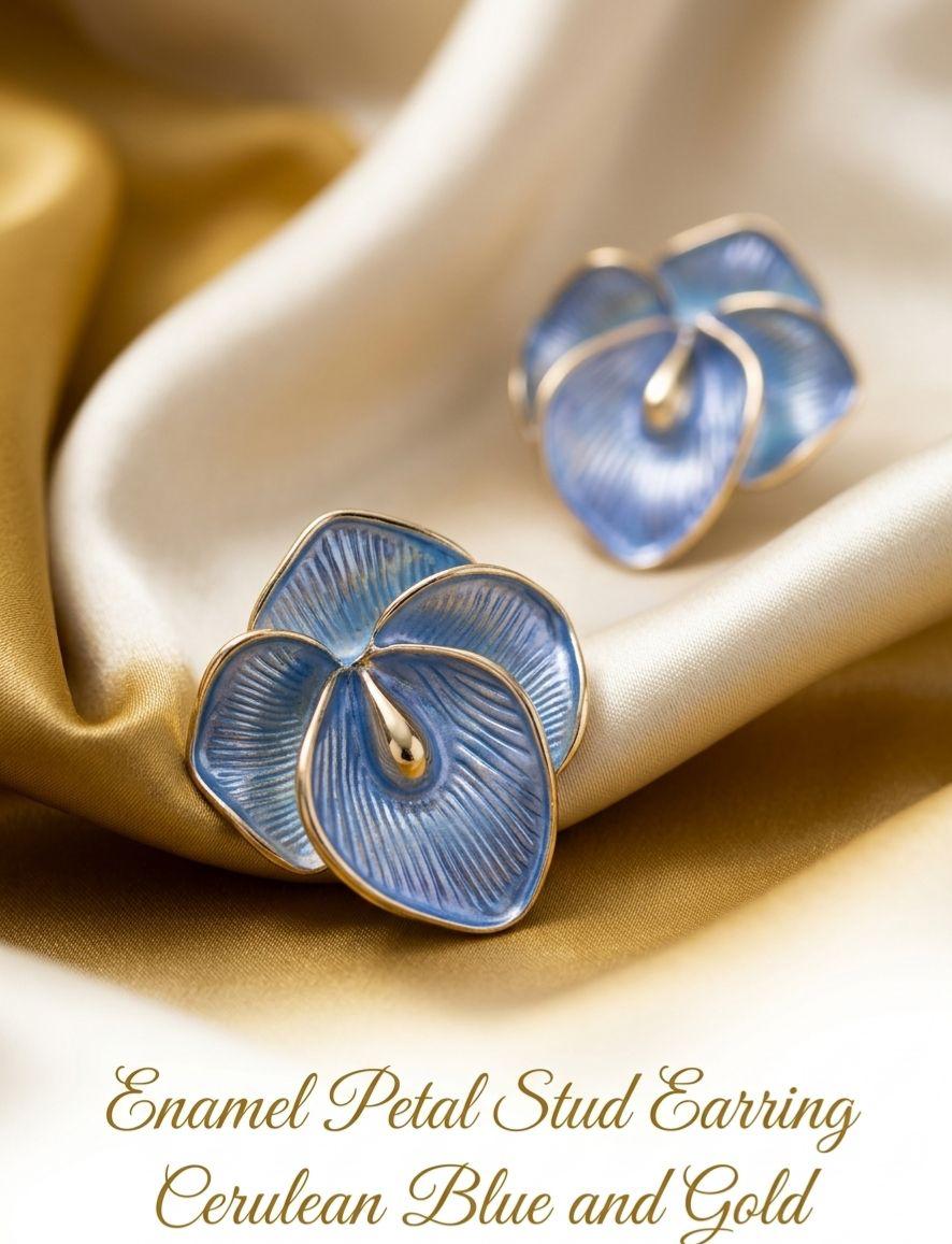 Elegant Enamel Petal Stud Earrings for Women & Girls | Cerulean Blue & Gold Trendy Fashion Jewellery for Daily, Office & Party Wear